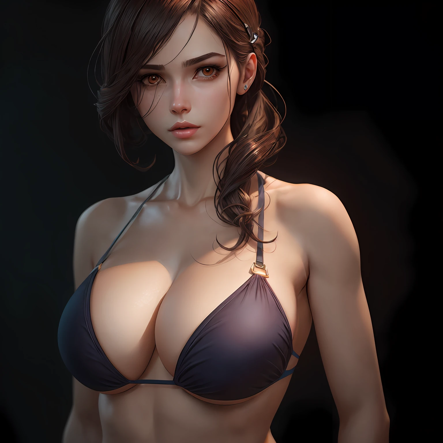 Transform character into an ultra realistic human art with defined hair strands and realistic breasts, fabric swimsuit, porosity skin, real human eyes --auto