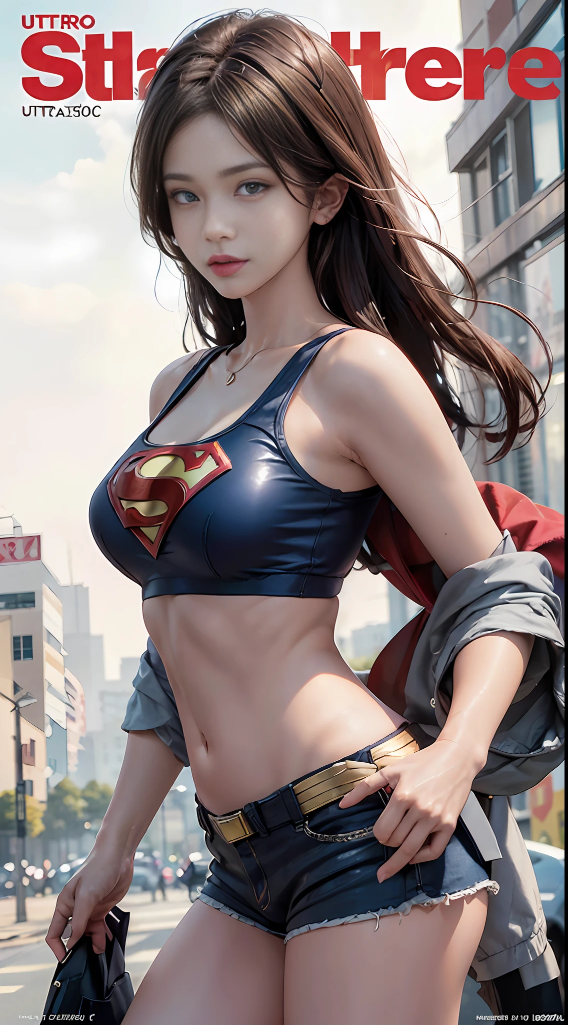 ((((best quality))), (((ultra detailed))), (((masterpiece))), illustration,(Magazine cover style illustration of a trendy blonde woman with a vibrant outfit with superman's letter S on her chest), posing in front of a colorful and dynamic background. She has a confident expression and is holding a statement accessory, The text on the cover should be bold and attention-grabbing, with the magazine title and a catchy headline. The overall style should be modern and modern, with a focus on fashion and lifestyle),
wallpaper, crowds, fashion, lipstick, ray tracing, depth of field, street, in public, day
1girl, solo, looking at viewer, shiny skin, contrapposto, navel, midriff, necklace, female focus, model, medium breasts, blue eyes, street, in public, police hat, police uniform, handcuffs, short shorts with supernan S, arms crossed,
legal, transparent, school uniform, jitome,
, underboob, floating hair, sexy, thin fabric emphasis, dynamic pose, negative space: 0.35, realistic: 1.33, using superman's S symbol on the chest.