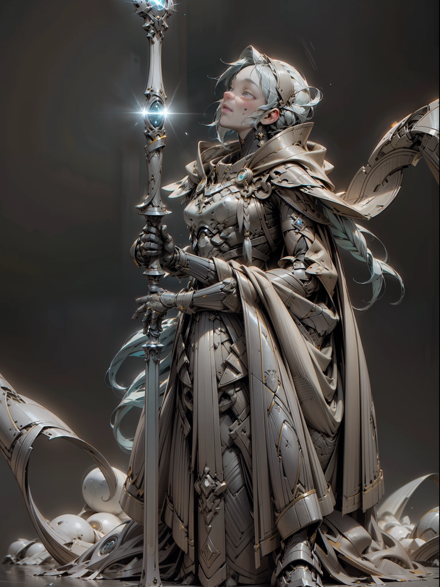 Ghost armor holding huge ice wand, mage, ice blue armor all over, super cool ghost mage, wearing ice blue cloak, huge staff, glowing magic ball, magic pose, tall figure, glowing eyes, tall figure, perfect body proportions, looking up, super detail, IP by pop mart, edge light, avatar, octane rendering, blender, full body, clean black background, 3d, c4d, best quality, very detailed, ancient technology, HDR (High Dynamic Range), Ray Tracing, NVIDIA RTX, Super Resolution, Unreal 5, Subsurface Scattering, PBR Textures, Post-processing, Anisotropic Filtering, Depth of Field, Maximum Sharpness and Acutance, Multi-layer Textures, Albedo and Highlight Maps, Surface Shading, Accurate Simulation of Light-Material Interactions, Perfect Proportions, Octane Rendering, Two-tone Illumination, Low ISO, White Balance, Rule of Thirds, Wide Aperture, 8K RAW, High Efficiency Sub-Pixel, Subpixel Convolution, Luminous Particles, Light Scattering, The Tyndall effect