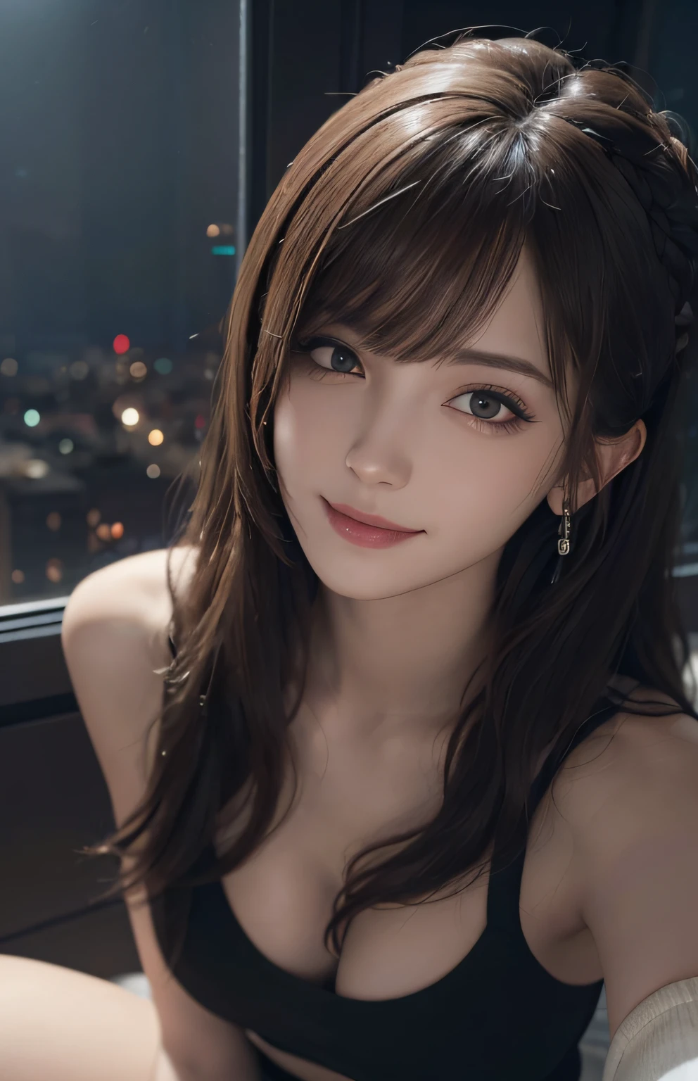(Ultra Realistic), (Illustration), (High Resolution), (8K), (Very Detailed), (Best Illustration), (Beautiful and Detailed Eyes), (Best Quality), (Ultra Detailed), (Masterpiece), (Wallpaper), (Detailed Face), Solo, One Girl, Viewer, Fine Detail, Detailed Face, In the Dark, Deep Shadows, Low Key, pureerosfaceace_v1, Smile, Long Hair, 46 points oblique bangs, full body, showing legs, bu hair, sitting