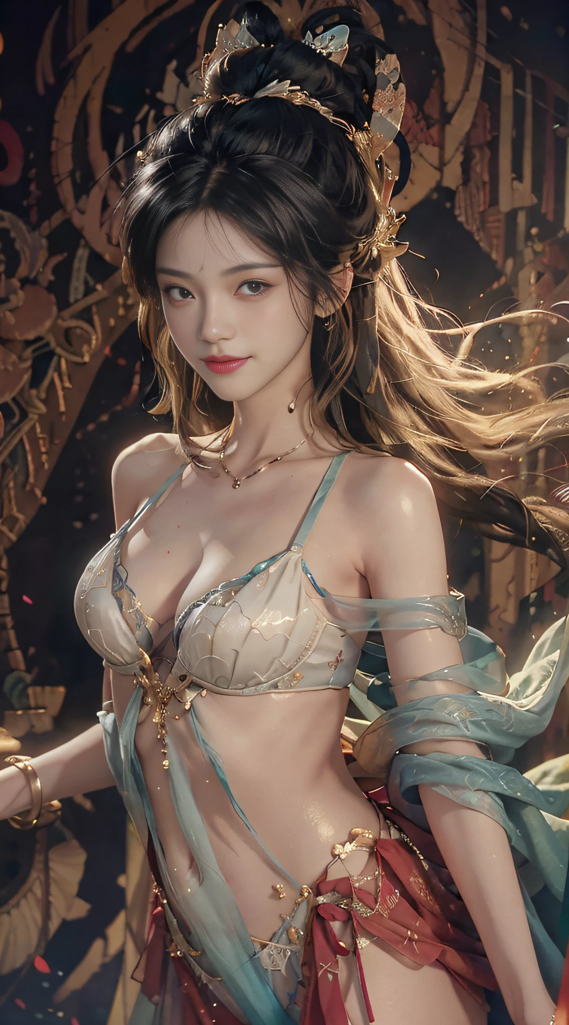 absurd, high resolution, super detailed, 1 girl, solo, extremely detailed eyes, ultra-precise depiction, ultra-detailed depiction, (zentangle:1.2), (dynamic pose), (abstract background: 1.5), (triple dress: 1.2), short platinum blonde, (shiny skin), multiple colors, upper body, detailed skin (from directly above), trends on artstation, 8k masterpiece, cinematic lighting, ((1girl)), ((solo)), (solo)), (( looking_at_viewer)), cg society, plasticien, ((black long hair)), (beautiful woman)), (Smile), sexy lingerie, lingerie, mermaid