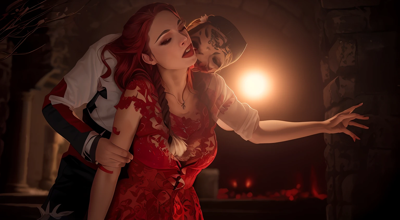 Movie scenes, (full-body close-up, long straight red hair), wearing (modern killer suit, complex totem logo), (hands with claws), (splattered with blood: 1.1), wounds, red war paint makeup, in a well-lit vampire forest), wolf, torch, (horse falling to the ground: 1.1), The savage werewolf and the beautiful female vampire dance together in the castle under the moon，intricate detail, highly detailed, volumetric lighting, 4k rendering, stock photo, ultra-realistic, realistic textures, dramatic lighting, depth of field, film