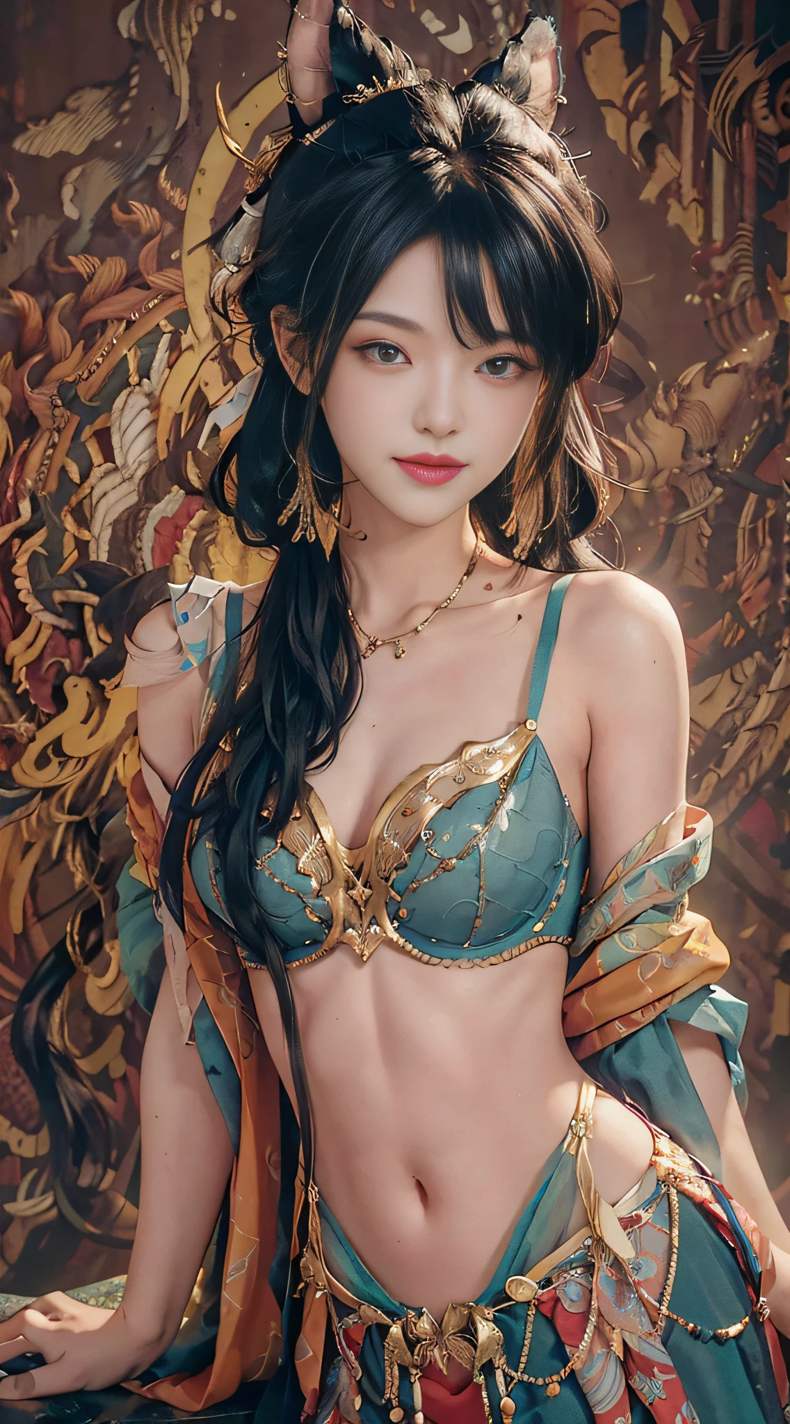 absurd, high resolution, super detailed, 1 girl, solo, extremely detailed eyes, ultra-precise depiction, ultra-detailed depiction, (zentangle:1.2), (dynamic pose), (abstract background: 1.5), (triple dress: 1.2), short platinum blonde, (shiny skin), multiple colors, upper body, detailed skin (from directly above), trends on artstation, 8k masterpiece, cinematic lighting, ((1girl)), ((solo)), (solo)), (( looking_at_viewer)), cg society, plasticien, ((black long hair)), (beautiful woman)), (Smile), sexy lingerie, lingerie, mermaid