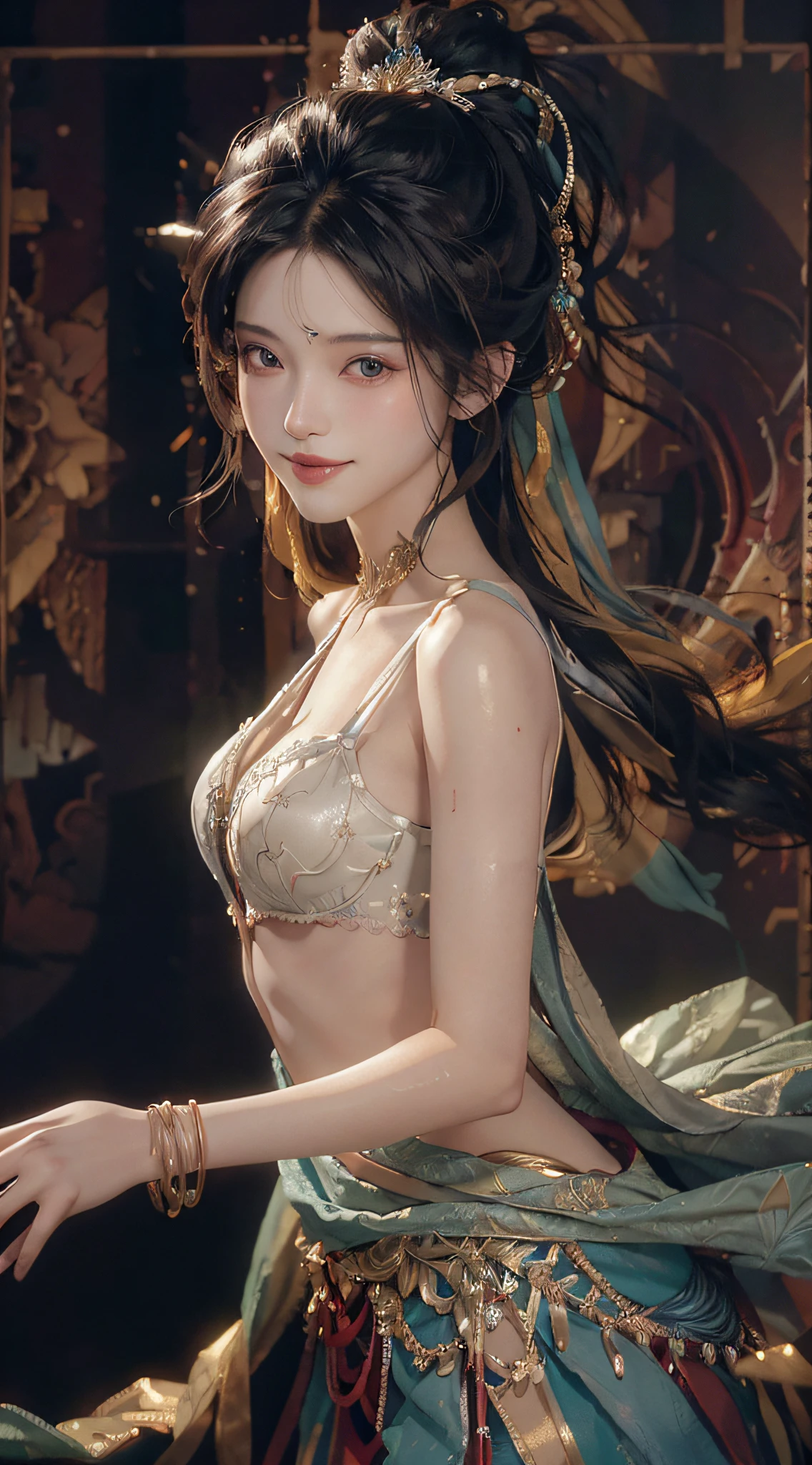 absurd, high resolution, super detailed, 1 girl, solo, extremely detailed eyes, ultra-precise depiction, ultra-detailed depiction, (zentangle:1.2), (dynamic pose), (abstract background: 1.5), (triple dress: 1.2), short platinum blonde, (shiny skin), multiple colors, upper body, detailed skin (from directly above), trends on artstation, 8k masterpiece, cinematic lighting, ((1girl)), ((solo)), (solo)), (( looking_at_viewer)), cg society, plasticien, ((black long hair)), (beautiful woman)), (Smile), sexy lingerie, lingerie, no underwear, mermaid