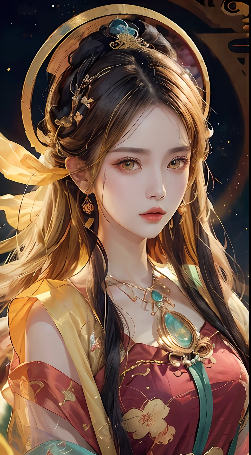 A 27-year-old girl holding an ancient pixie in her hand, a zodiac goddess from the future with a pixie, the goddess of the 12 zodiac signs of pink and purple, the goddess of the 12 zodiac signs in yellow ao dai, Ao Dai 12 zodiac with many details in black lace, dunhuang_dress, dunhuang_style, dunhuang_background, mythical goddess of the 12 zodiacs with a pixie from the future, zodiac , luxury sparkling zodiac style, dark version and mystery, zodiac crown, vermilion lips, thin and pretty lips, A smile that captivates viewers, characters created by karol bak and pino daeni, intricate details, detailed backgrounds, extremely detail, light magic, a woman, clear face, look at the face of the goddess of the zodiac, look at the face of the goddess of the zodiac, long hair with bangs, vintage style bun, beautiful face in detail and balanced eyes, (transparent yellow eyes: 1.8), big round eyes and very nice and detailed makeup, foresight, silk dress, mysterious makeup, side bangs and dyed light blonde, part on the body, the upper part of the goddess of the zodiac, her arms hanging down, (the pixie: 1.8), realistic and vivid image, (the stars that make up the zodiac: 1.7), (the sky background) zodiac: 1.8), fiction art, RAW photos, Chinese hanfu photos, Dunhuang hanfu style, best photos, best photo quality, 8k quality, super 8k, surreal, most economical real photos , artistic portrait of the goddess of the zodiac,