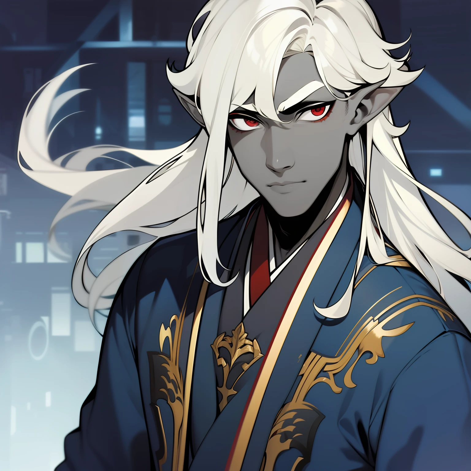 (best quality, masterpiece: 1.3), thick contours, face highlight, detailed face, detailed skin, 1 man, blue tunic, white background, drow, (grey skin, black skin: 1.4), pointy ears, serious, skin trim, (white hair: 1.5), shoulder-length hair, red eyes, intricate clothes, he wears a dark blue kimono. The hakama should be a little longer. white background, shoulder-length hair, art comics