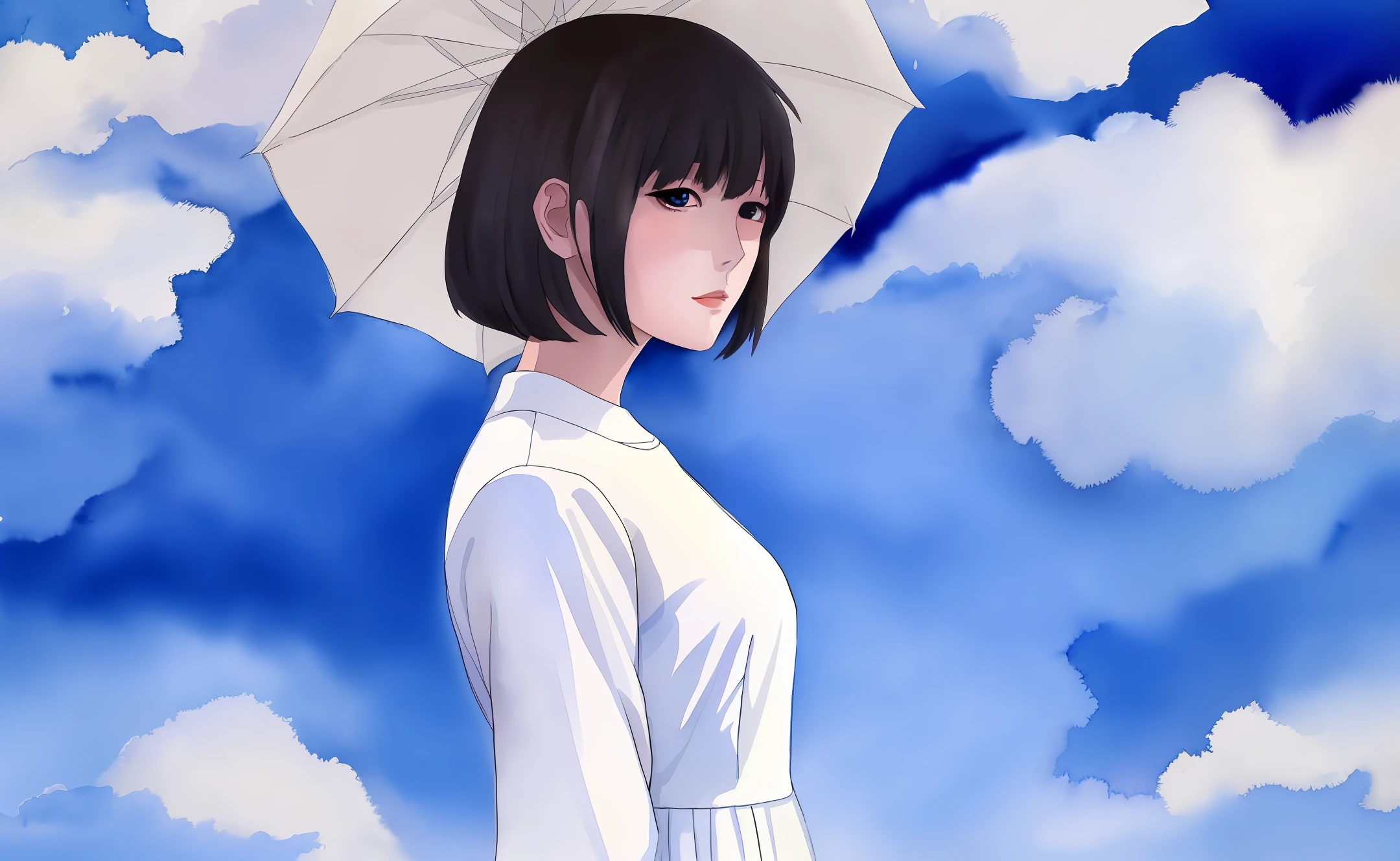 Anime girl in white dress on clouds, watercolor painting