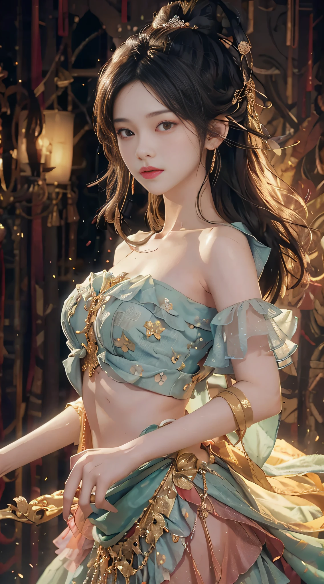 ((Best Quality, 8K, Masterpiece: 1.3)), Focus: 1.2, Perfect Body Beauty: 1.4, Buttocks: 1.2, ((Layered Haircut, Normal Chest: 1.2)), , Bandeau Dress: 1.1, Viewer-facing; 1.1, Highly detailed face and skin texture, fine eyes, double eyelids, whitened skin, long hair, (round face: 1.5)