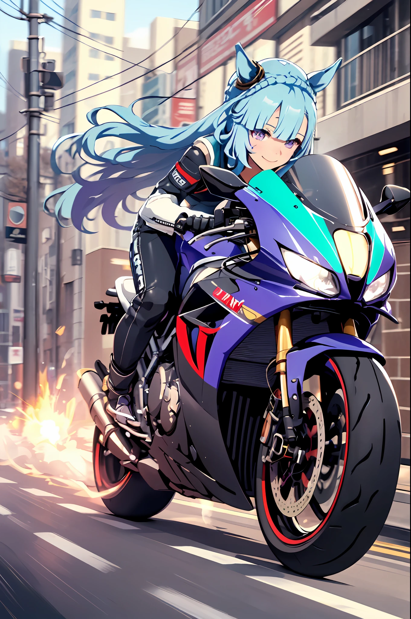 best quality,masterpiece, high res, beautiful detailed eyes,ultra-detailed, mejiro ardan \(umamusume\), ear ornament,horse ears, horse tail, light smile, house clothes, sunlight, A (speeding) motorcycle the city at high speed,(slow motion:1.3),(Motion blur:1.3),(speed lines:1.4),sense of speed, Sparks and smoke coming out of tires,