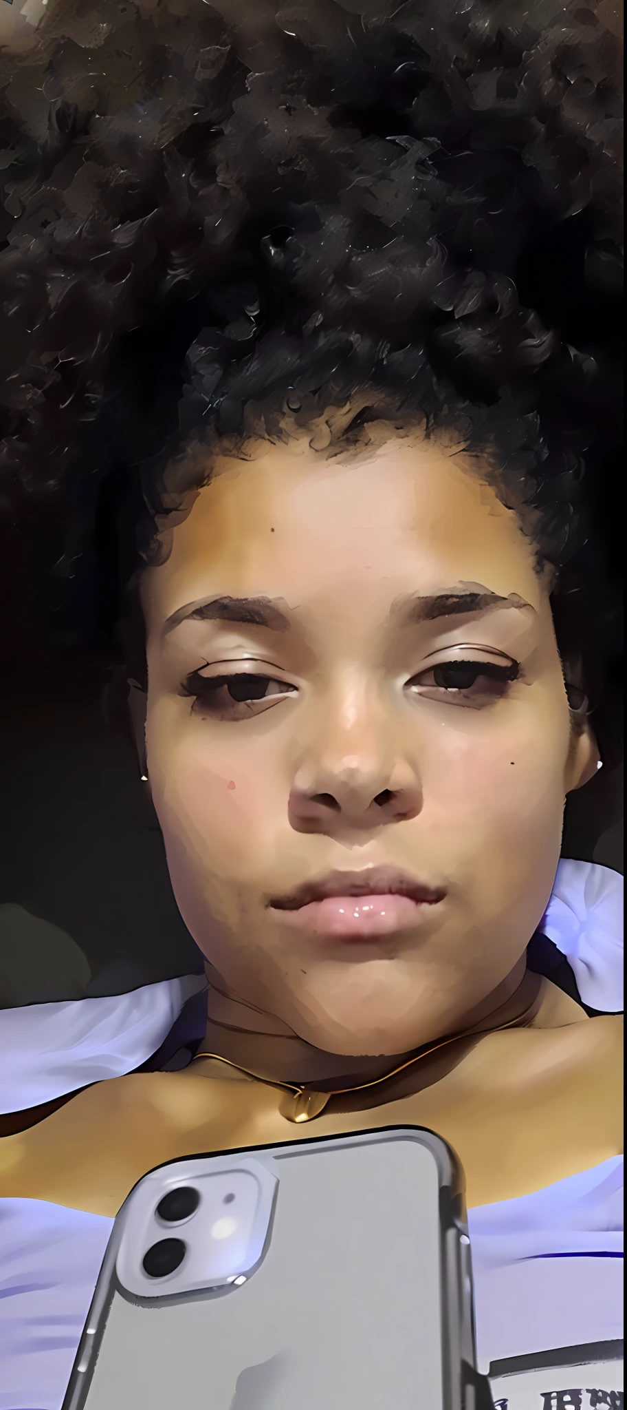 there is a woman with a cell phone in her hand, tired face, 30 years old woman, 3 0 years old woman, selfie of a young woman, relaxed eyebrows, face is brightly lit, exhausted face close up, detailed flawless face, with no facial features, real detailed face, without makeup, face picture, tessa thompson inspired, perfectly lit face