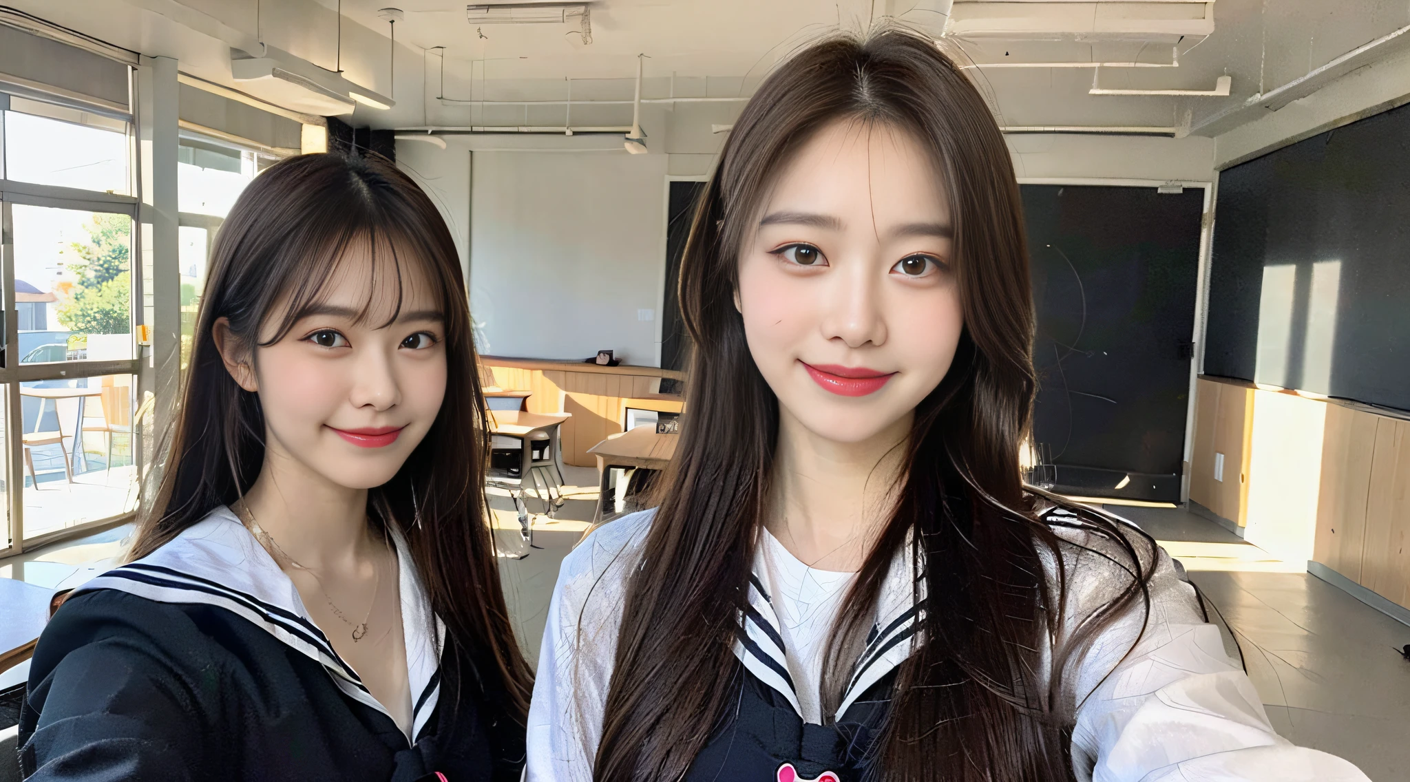 (8k, RAW photo, top quality, masterpiece: 1.2), super detailed, super resolution, (photorealistic: 1.5), amazingly beautiful lighting, very detailed and beautiful, mouth open, white skin, fair-skinned woman proofreading, (posing heart-to-camera at the camera)), very detailed beautiful girls, faces with different patterns, talking in a school classroom, brown hair shining in the light, One is ponytail, cute schoolgirl of the present day, very detailed face Very detailed eyes, very realistic skin, very detailed fingers, very detailed nose, very detailed mouth, perfect anatomy, very detailed sailor suit, very detailed background, after school, smiling school girls are gathered in the hallway of the school. They are in uniform, and the blackboard is faintly visible in the background. The light coming in through the bright windows illuminates the classroom and shows long straight hair, (dull bangs: 1.3),(pink eye shadow)((with a picture of a heart under the eyes)) heart, ♡