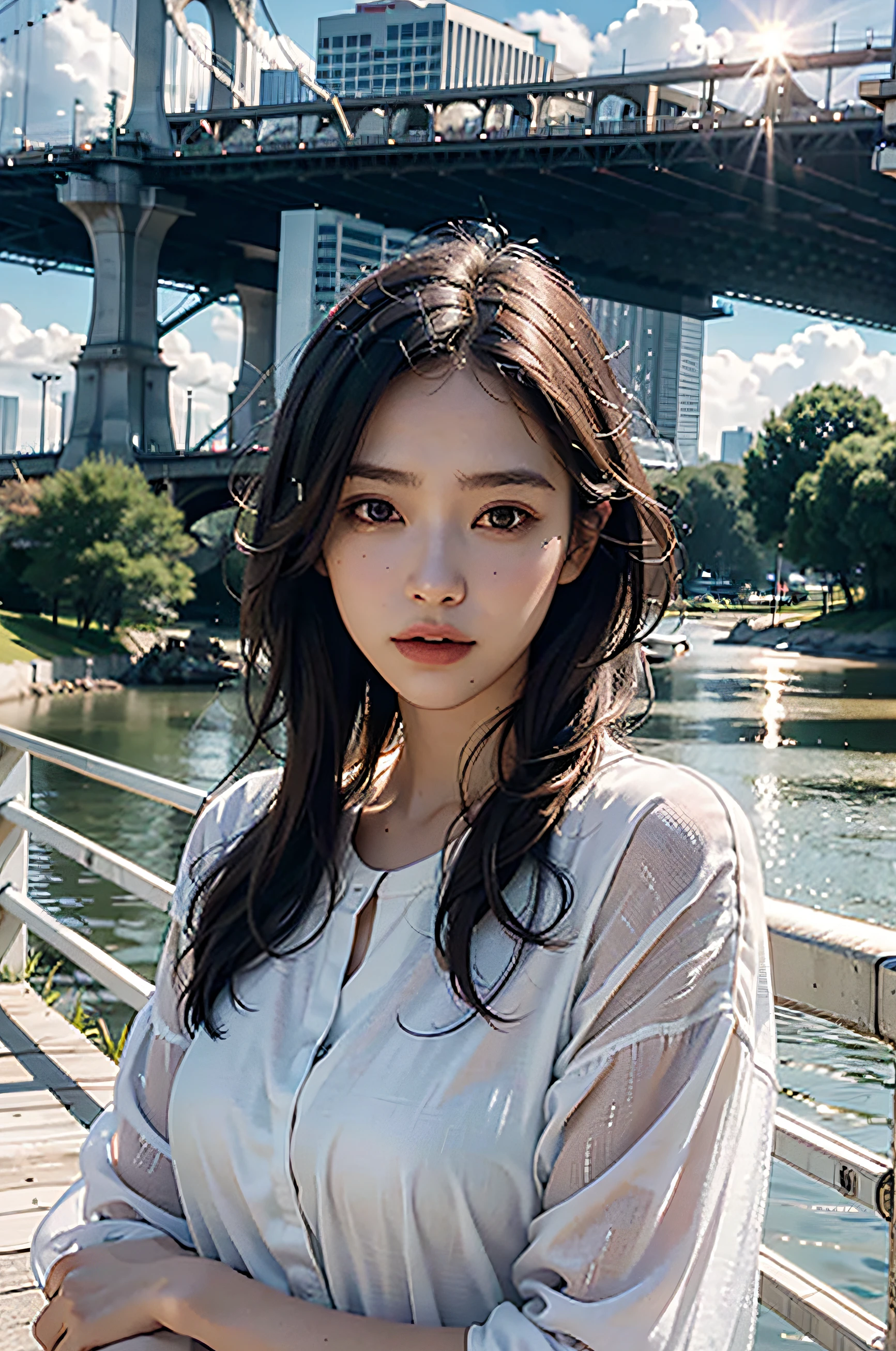 best quality, masterpiece, photo realistic, intricate details, raw photo, photon rendering, octane render, absurdres, ultra detailed, detailed face, detailed skin, trending on artstation,8k masterpiece,cinematic lighting, scenery, scenery, no humans, cityscape, sky, city, cloud, outdoors, building, sunset, city lights, bridge, river, tree, roadn, artist name,