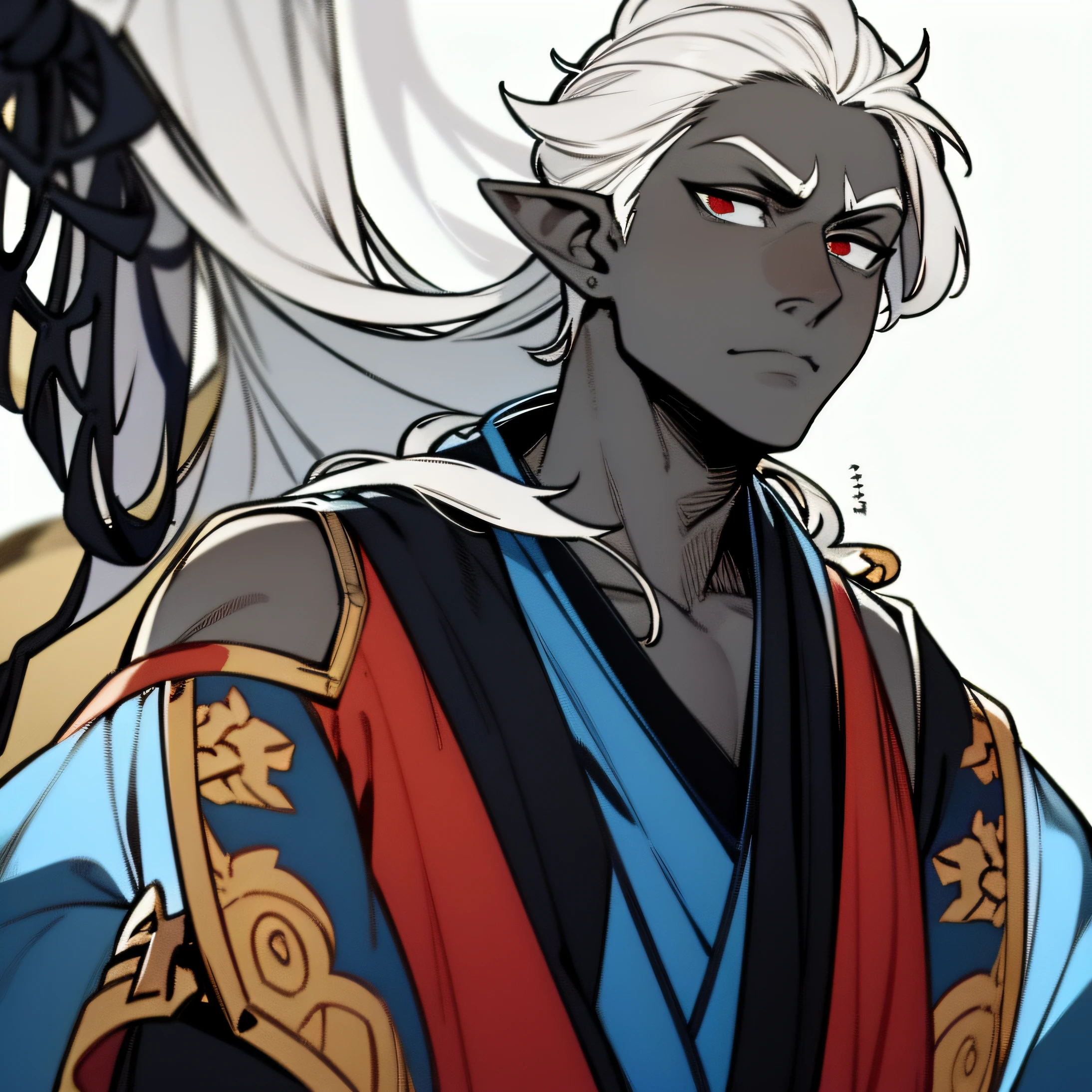 (best quality, masterpiece: 1.3), thick contours, face highlight, detailed face, detailed skin, one man, blue tunic, white background, drow, (grey skin, black skin: 1.4), pointy ears, serious, skin trim, (white hair: 1.5), shoulder-length hair, red eyes, intricate clothes, he wears a dark blue kimono. The hakama should be a little longer. white background, shoulder-length hair