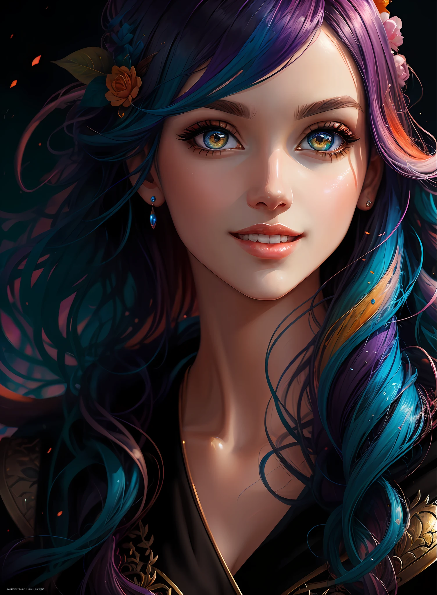 ((Best Quality)), ((Masterpiece)), (Real), (Details), (Details), (1 Woman) close-up portrait of woman with colorful hair, dreamy beautiful woman, 4K high-definition digital art, stunning digital illustration, stunning 8K artwork, colorful digital fantasy art, colorful and dark, beautiful digital artwork, colorful digital painting, Digital Anime Art, Portrait of Beautiful Bright Smiling Woman, 8K HD Digital Wallpaper Art, Gorgeous Digital Painting
