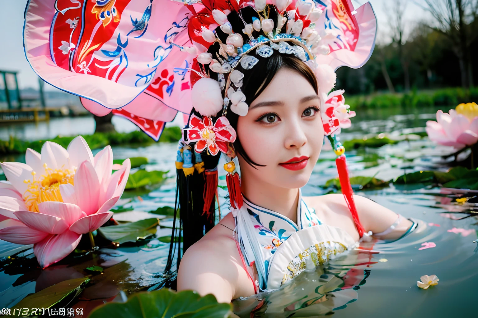 Close-up, a beauty in Chinese Peking Opera costume floating on a lotus pond, 16k, best quality, bokeh, soft light, space, crystal clear, natural light, white mist, lotus leaves in the pond, super detail