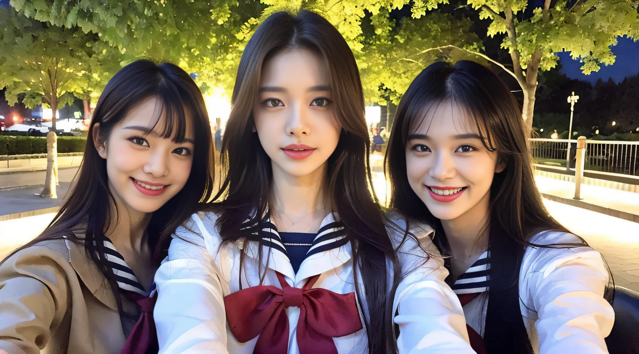 (8k, RAW photos, top quality, masterpieces: 1.2), ultra detail, super resolution, (real, real photos: 1.37), portraits, high-resolution RAW color photos, professional photos, (very beautiful and detailed night tree-lined avenue 1:1.37), (moon is a beautiful night)), full moon, very detailed and beautiful, ultra high image quality, schoolgirl in a sailor suit, amazing details, each characteristic face, Different face pattern, brown hair fluttering in the night breeze, sexy hair swaying, very detailed beautiful girl, (pink eye shadow), red tie, angel smile, super cute, so cute that it almost brings tears to my eyes, amazing workmanship, modern model, very detailed face very detailed eyes, very realistic skin, very detailed fingers, very detailed nose, very detailed mouth, perfect anatomy, Very detailed background,, gloss,, schoolgirl highly detailed clothes, , cute girl, famous Japan idol, cute, realistic body, slender, white skin, glowing skin, slim body, long straight hair, (dull bangs:1.2), realistic face, delicate eyes, double eyelids, sailor suit, red ribbon, high school girl, fashionable uniform, good friends, celebrity level cuteness Multiple high school girls, camera gaze, boyfriend gaze, super high definition, super high definition realistic face,