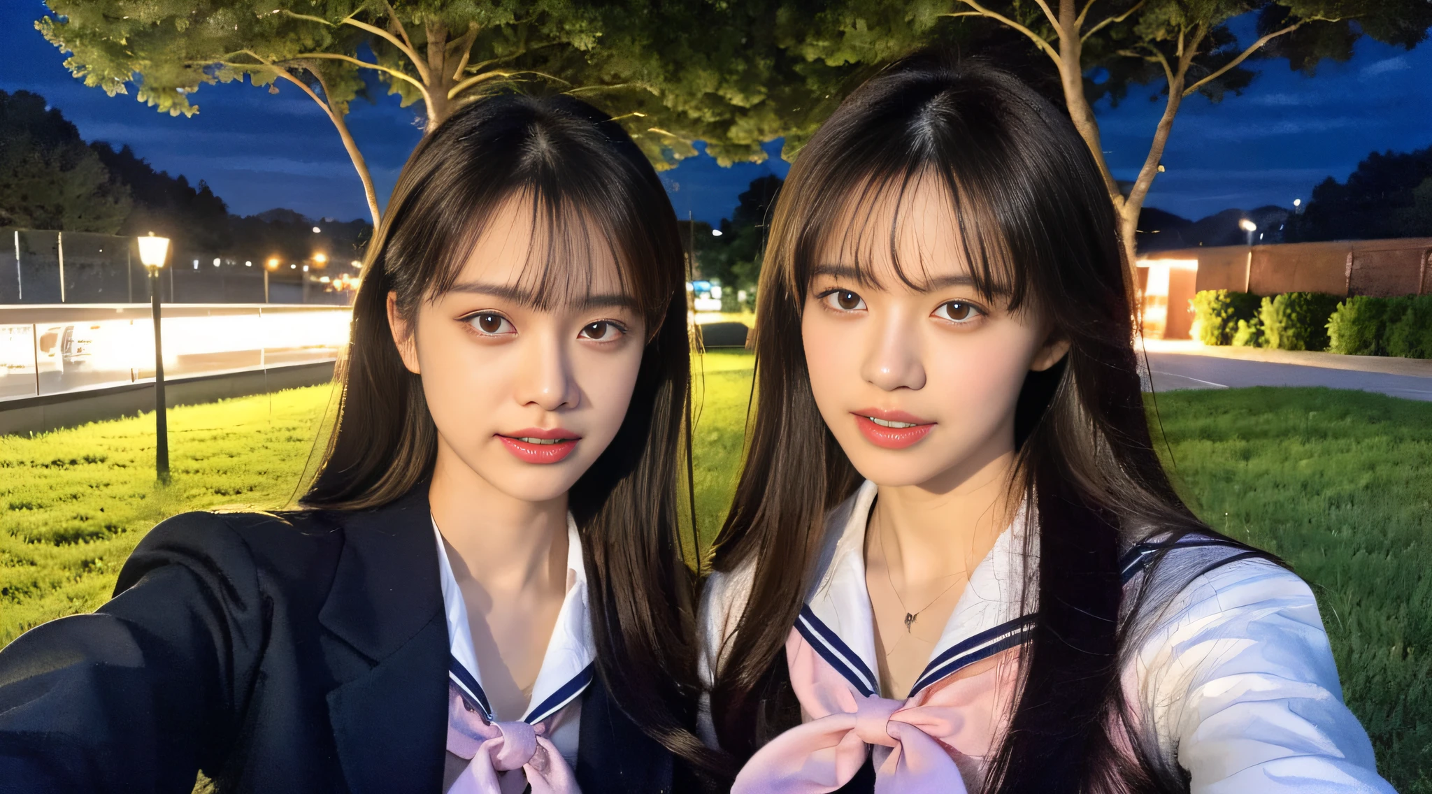 (8k, RAW photos, top quality, masterpieces: 1.2), ultra detail, super resolution, (real, real photos: 1.37), portraits, high-resolution RAW color photos, professional photos, (very beautiful and detailed night tree-lined avenue 1:1.37), (moon is a beautiful night)), full moon, very detailed and beautiful, ultra high image quality, schoolgirl in a sailor suit, amazing details, each characteristic face, Different face pattern, brown hair fluttering in the night breeze, sexy hair swaying, very detailed beautiful girl, (pink eye shadow), red tie, angel smile, super cute, so cute that it almost brings tears to my eyes, amazing workmanship, modern model, very detailed face very detailed eyes, very realistic skin, very detailed fingers, very detailed nose, very detailed mouth, perfect anatomy, Very detailed background,, gloss,, schoolgirl highly detailed clothes, , cute girl, famous Japan idol, cute, realistic body, slender, white skin, glowing skin, slim body, long straight hair, (dull bangs:1.2), realistic face, delicate eyes, double eyelids, sailor suit, red ribbon, high school girl, fashionable uniform, good friends, celebrity level cuteness Multiple high school girls, camera gaze, boyfriend gaze, super high definition, super high definition realistic face,