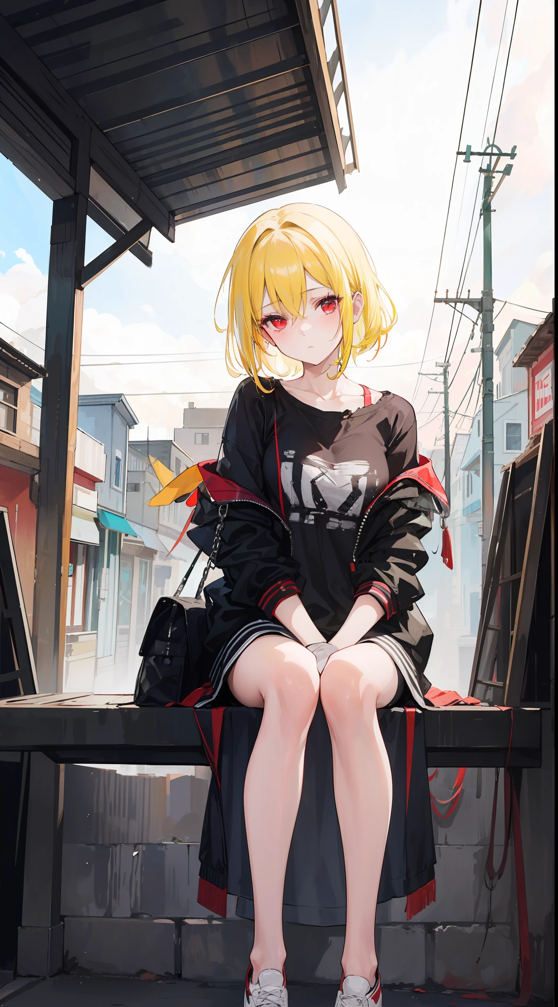 In the middle of a poor town, there a girl with torn clothes, she has yellow hair and red eyes and sits with blank eyes