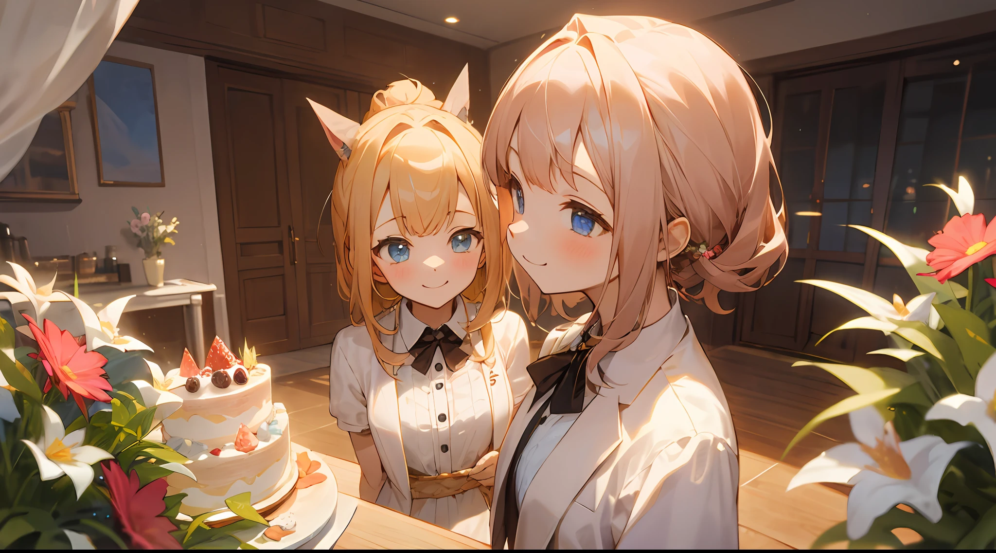 Upper body, middle view, two girls, party at home, hold a house party, flowers, cake, snacks, happy smile, arms behind back