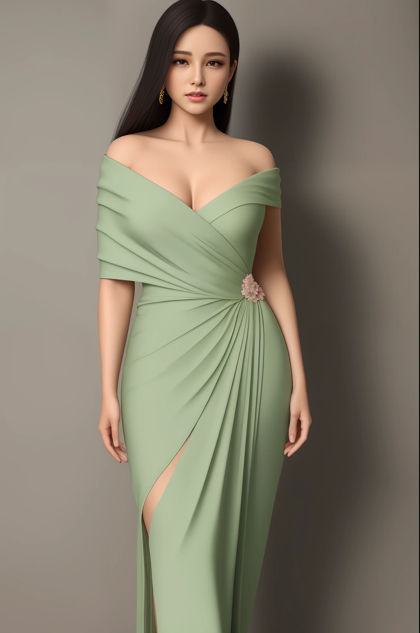 Long green silk algae draped over the shoulders, bright face, three-dimensional facial features, a pair of watery peach blossom eyes looking forward to shining, under the professional suit, the mature body is bumpy and convex, a coffee-colored dress outlines the curve of the hips, delicate white calves, slender ankles, black high heels.