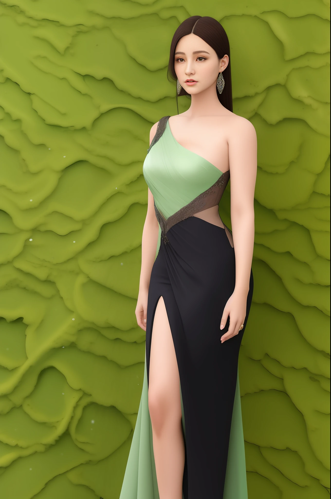 Long green silk algae draped over the shoulders, bright face, three-dimensional facial features, a pair of watery peach blossom eyes looking forward to shining, under the professional suit, the mature body is bumpy and convex, a coffee-colored dress outlines the curve of the hips, delicate white calves, slender ankles, black high heels.