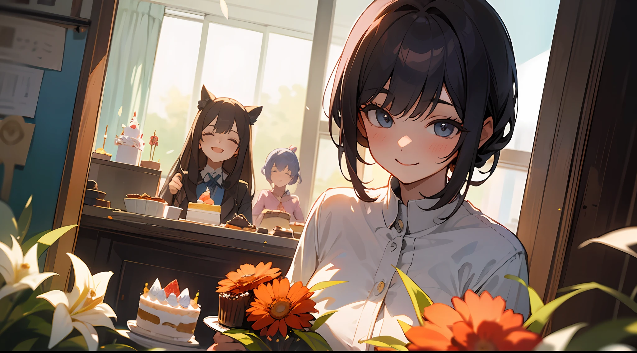 Upper body, middle view, two girls, party at home, hold a house party, flowers, cake, snacks, happy smile, arms behind back