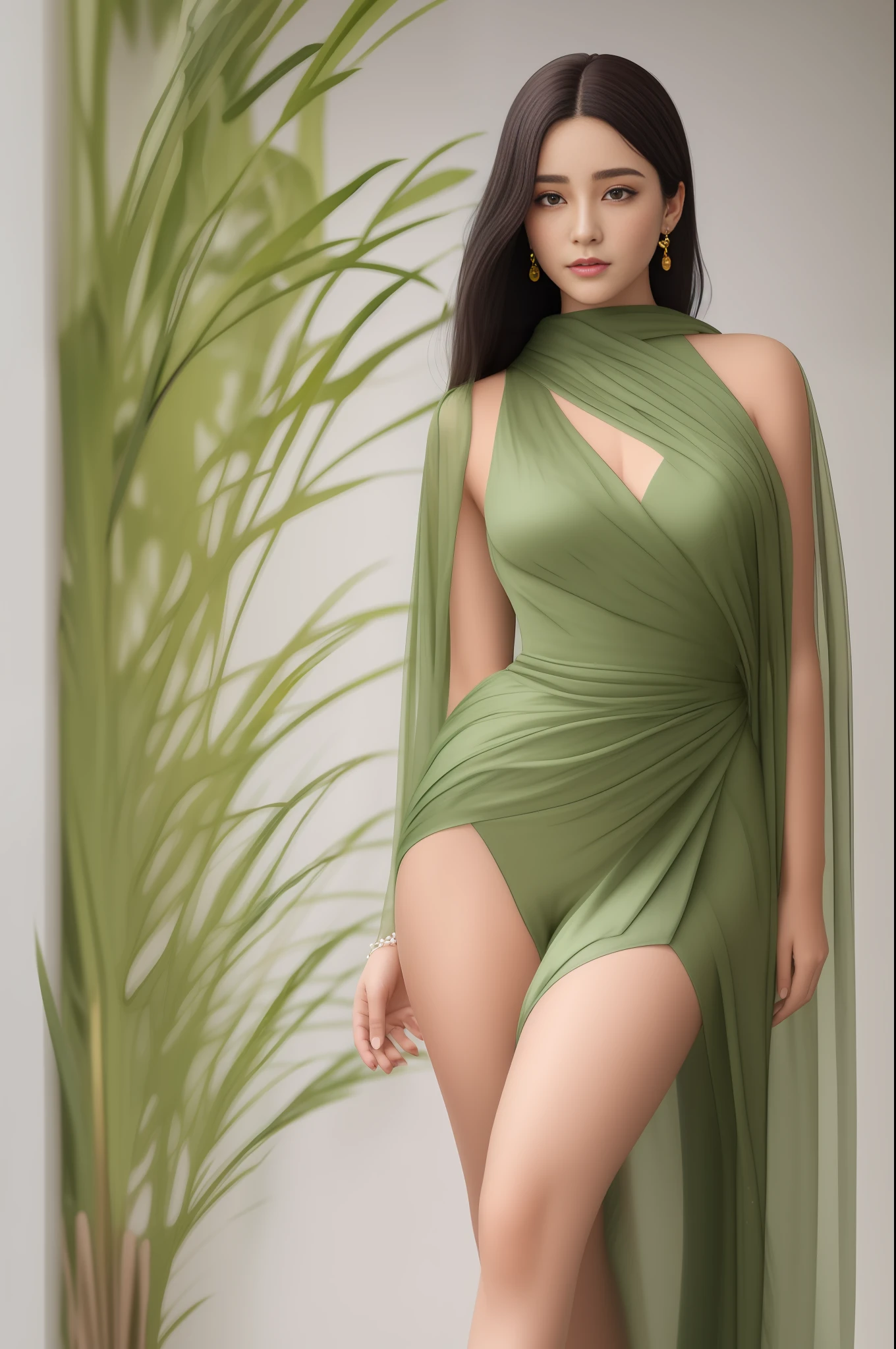 Long green silk algae draped over the shoulders, bright face, three-dimensional facial features, a pair of watery peach blossom eyes looking forward to shining, under the professional suit, the mature body is bumpy and convex, a coffee-colored dress outlines the curve of the hips, delicate white calves, slender ankles, black high heels.
