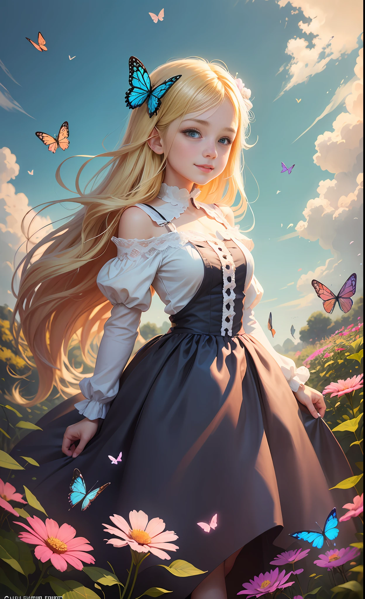 Illustration of a "happy" 10-year-old blonde girl in a flower garden. Blue sky of clouds tending the garden with butterflies. Beautiful illustration, beautiful painting, beautiful UHD 4k art, beautiful art, a beautiful art illustration, guweiz style art, beautiful painting, atey ghailan 8k, artgerm and atey ghailan, (long blonde hair) taking care of butterflies, (butterflies). (best quality, masterpiece), 1 happy girl, particle, wind, flower, full body, garden background, looking at butterflies. --auto --s2