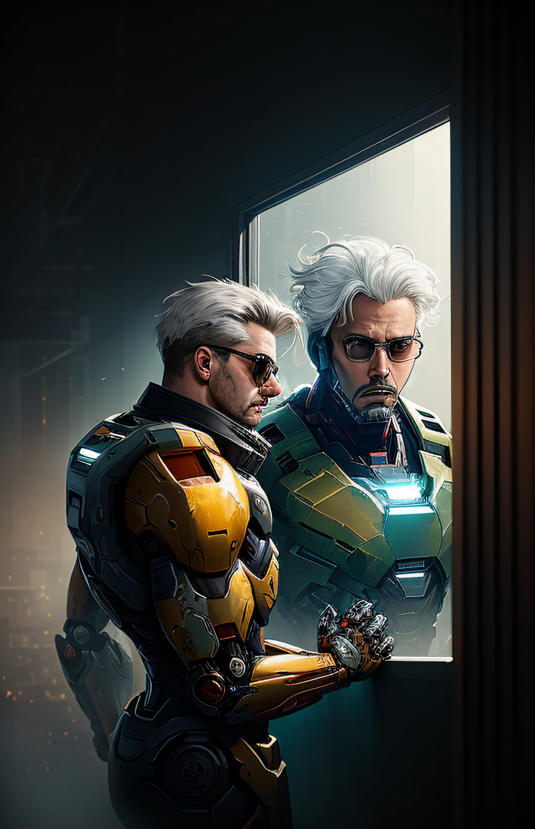 (dark shot:1.1), epic realistic, portrait of halo, sunglasses, blue eyes, tartan scarf, white hair by atey ghailan, iron man outfit with ultra high details, by greg rutkowski, by greg tocchini, by james gilleard, by joe fenton, by kaethe butcher, gradient yellow, black, brown and magenta color scheme, grunge aesthetic!!! graffiti tag wall background, art by greg rutkowski and artgerm, cloned similar male boy cyberpunk robot person watching them each others trough a big mirrow , soft cinematic light, adobe lightroom, photolab, hdr, intricate, highly detailed, (depth of field:1.4), faded, (neutral colors:1.2), (hdr:1.4), (muted colors:1.2), hyperdetailed, (artstation:1.4), cinematic, warm lights, dramatic light, (intricate details:1.1), complex background, (rutkowski:0.66), (teal and orange:0.4)
