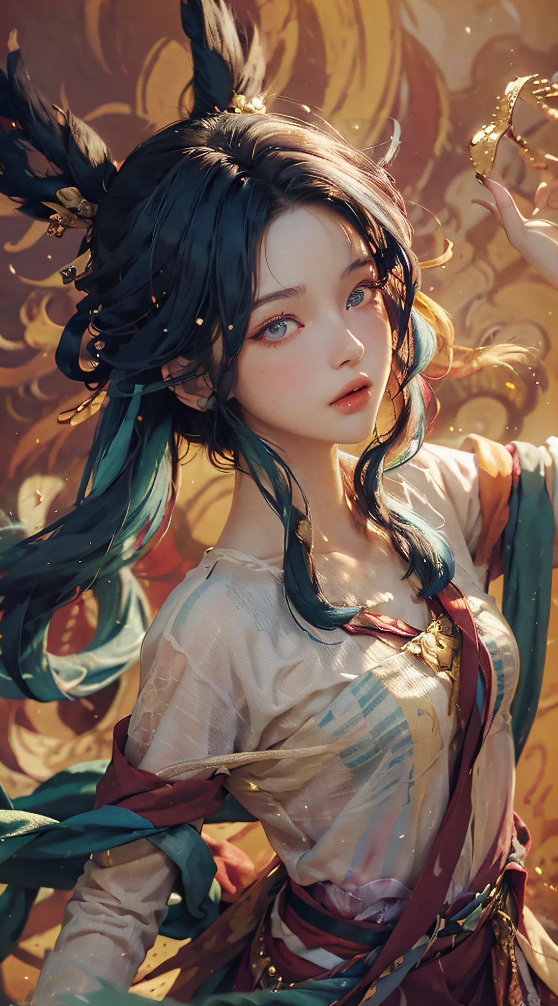 A woman with long hair and a feathered headpiece is posing - SeaArt AI