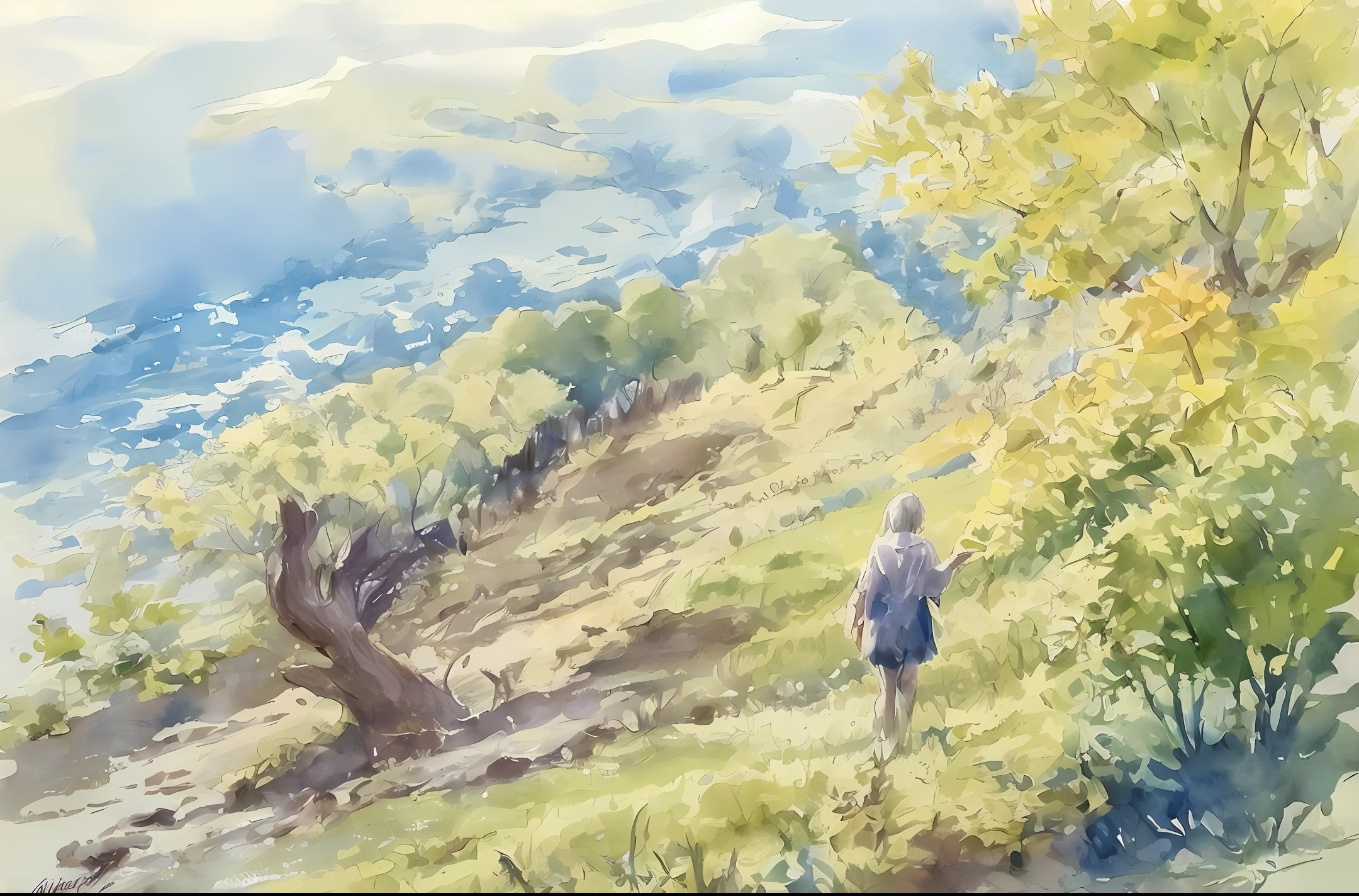 Woman Walking in Clouds Watercolor