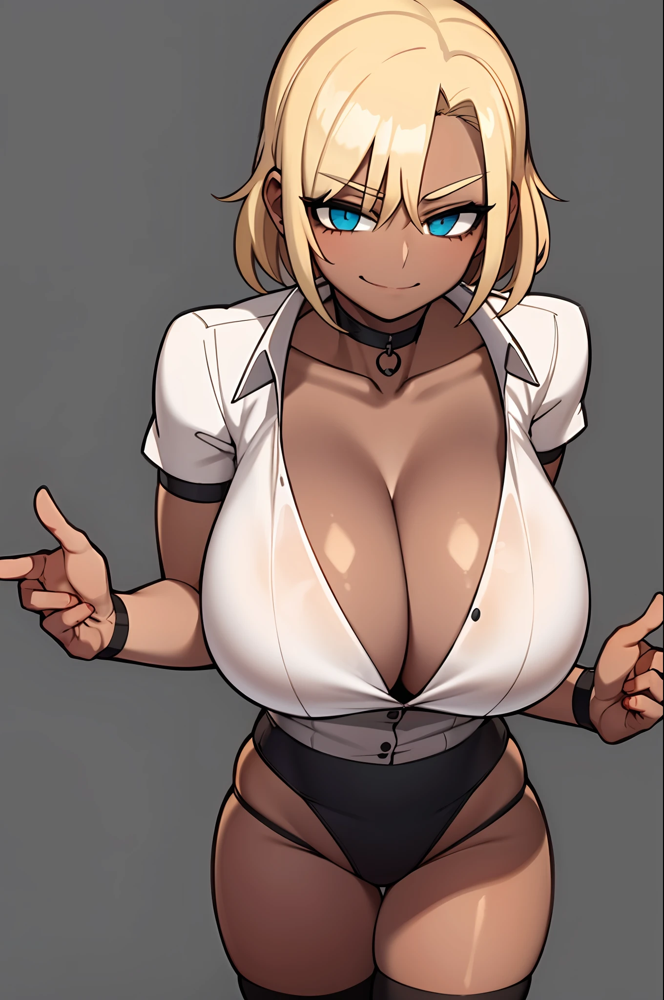 1girl, gigantic breasts,dark skin,short hair,white shirt,cleavage,blonde hair,smirk,choker,pleated skirt,simple background,thighhighs
