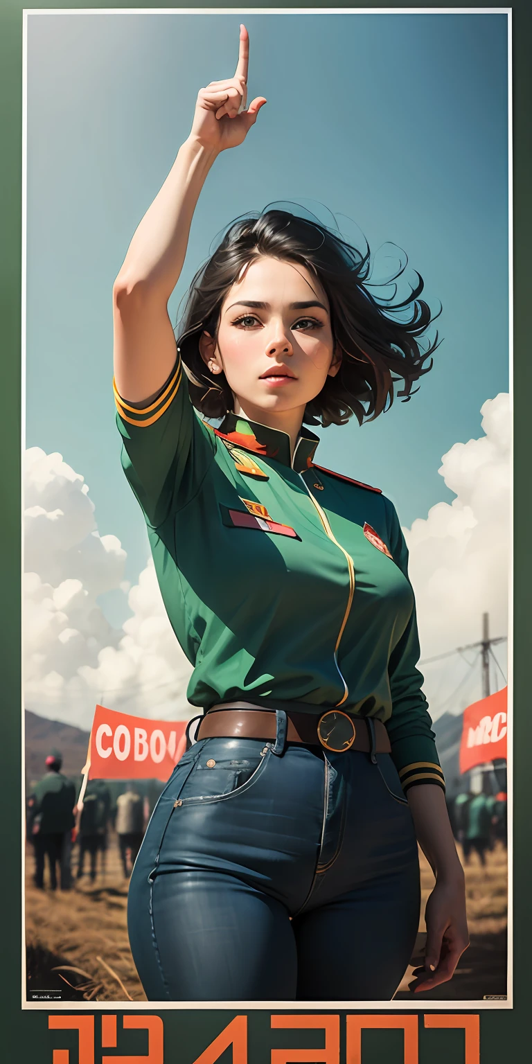 CCCP poster, soviet poster, VIETNAM Flag in background, USSR Poster, Soviet Union poster, October Revolution, ((CCCP Poster, Soviet Poster)) (black hair 1 mature girl holding up her hand in the air) propaganda Poster, poster, Vietnam flag on pole, blue sky with fighter jet, uniform, 1girl, solo, good body, Poster design, poster art style. 1980s, 1950s, 1960s, basic colour scheme, Very colourful poster, colour art, thirds rule, inspiring, general, farmer uniform, woman, 1 mature girl, hair blowing in the wind, hand high in the air, agriculture, pointing with finger, green square backdrop, thick legs, good fingers, ((lovely face))