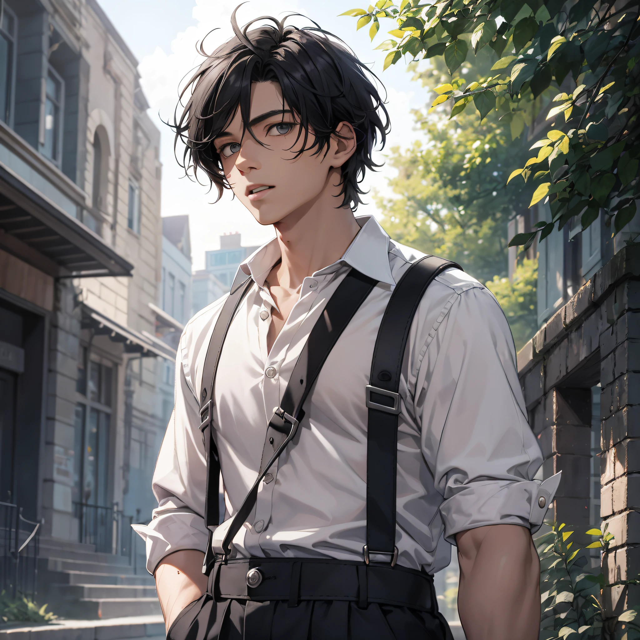 Ridiculous resolution, high resolution, (masterpiece: 1.4), hyper-detail, campus outdoors, young man messy black hair, white suspenders, surprised eyes, walking