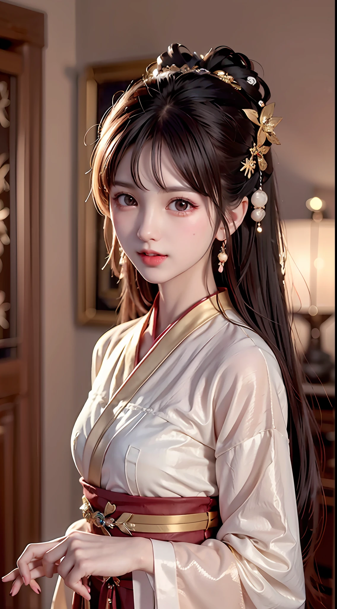 JK girl, girl wearing Japanese girls' school uniform, 8K, very high image quality, film texture, realistic, eating Japanese food, Japanese background, depth of field, tatami room, warm lighting, bow on chest, bangs, long hair over the shoulder, (playful eyes), double eyelids, deepening of the tail of the eyes, lying silkworm, bracelet on the wrist, scarlet lips, sparkling lips with texture, fine skin texture, brown sparkling pupils, (((eyes looking at the camera)))), slender fingers, ((round face)), ( ((small lips)))