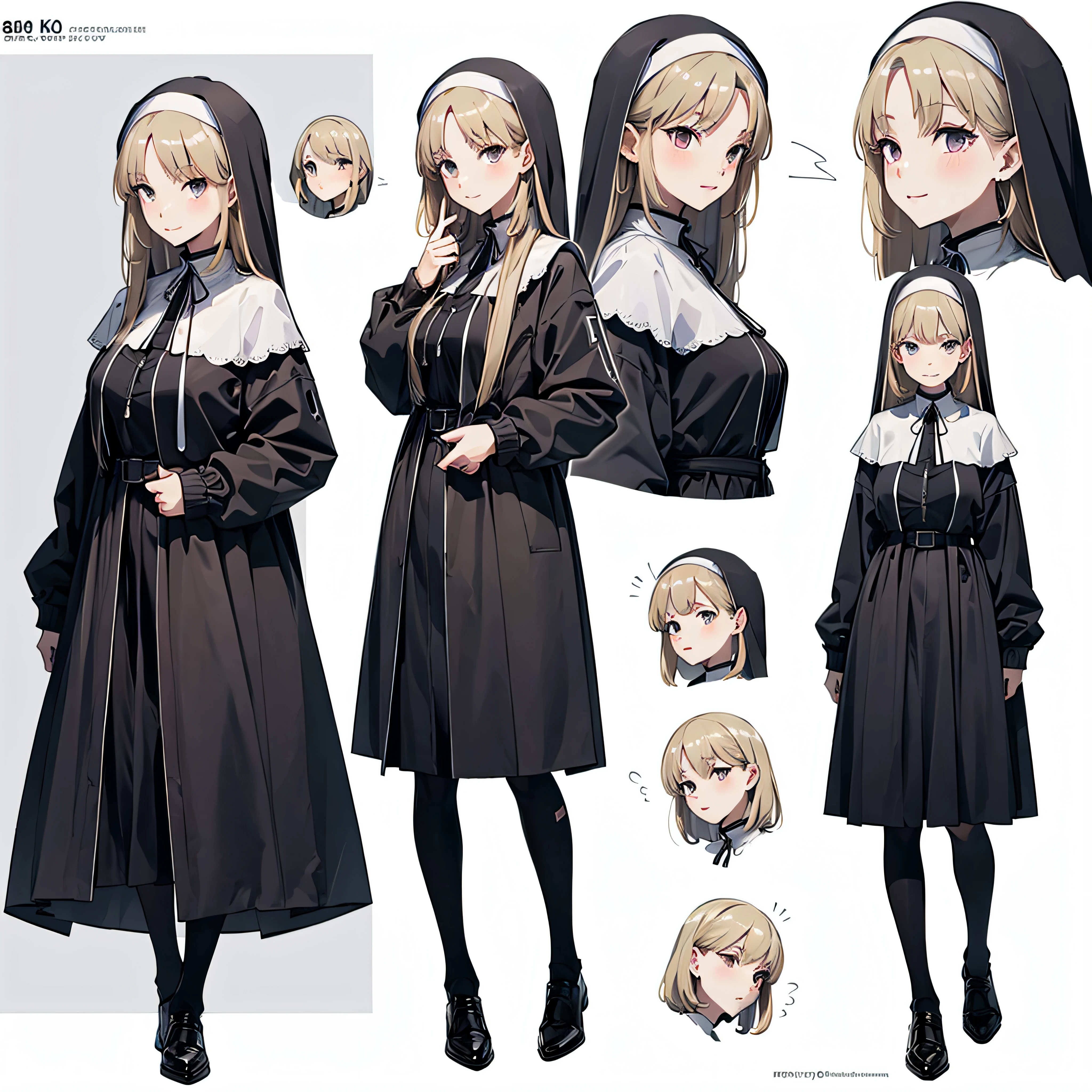 reference sheet by veiled young nun, character design, full-body, front view, face at viewer, white background paper, light smile, blush BREAK, blond long straight hair, center soft parted bangs, sideburns BREAK, blond eyes, BREAK, scapular, black socks, black leather shoes, masterpiece, hyper detailed, sharp focus, best quality, 8K