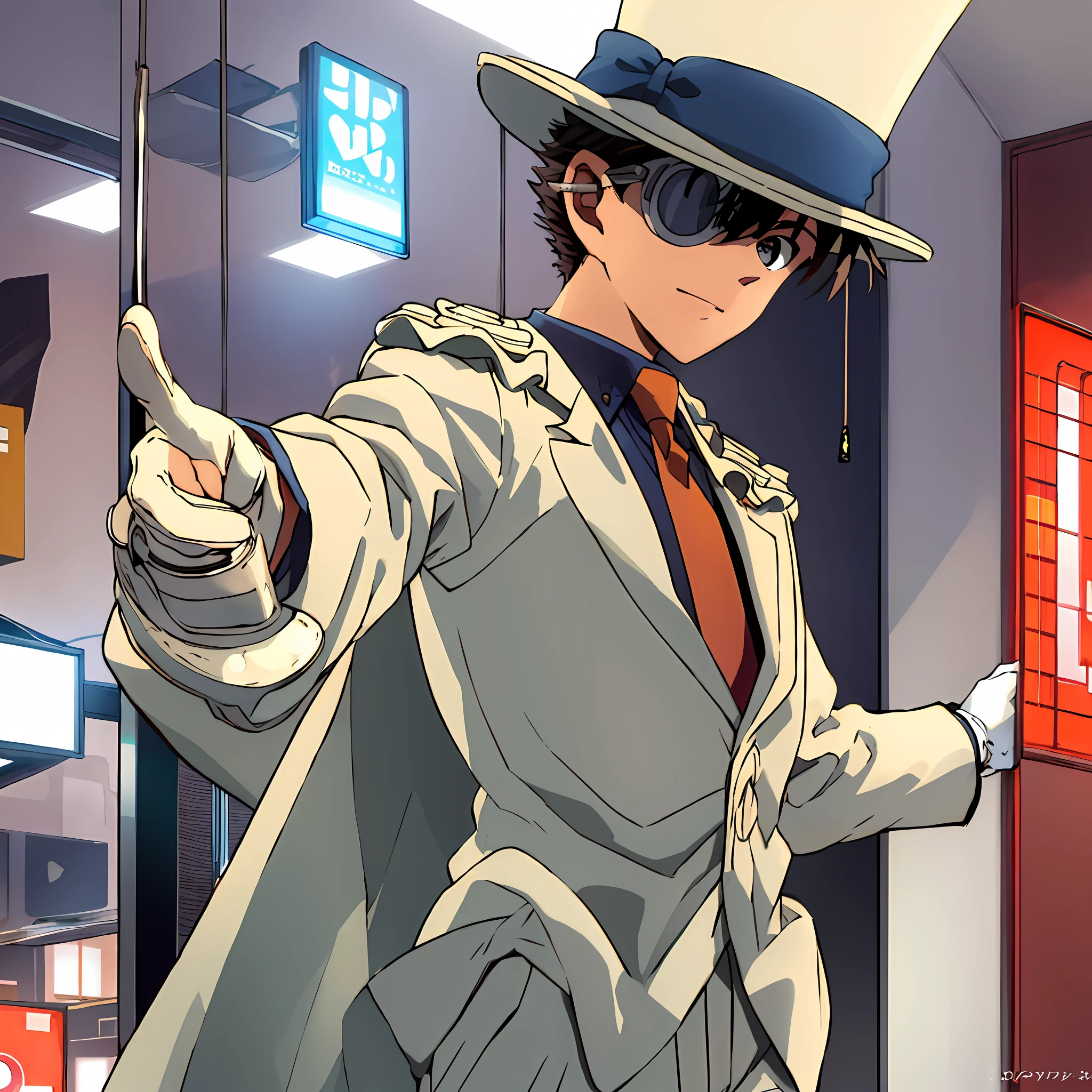 masterpiece, best quality, 1boy, solo, white suit, white cape, top hat, monocle, red necktie, blue shirt, white gloves, pointing at viewer, hand in pocket, indoors, manga cover, anime cover, japan text in the background