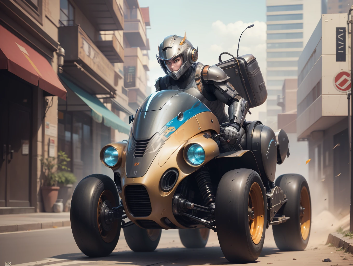 Portrait of a cybernetic kart, wide wheels, full body, power armor, ultra realistic, concept art, intricate details, strange, highly detailed, photorealistic, octane render, 8 k, unreal engine. Art by Artgerm and Greg Rutkowski,