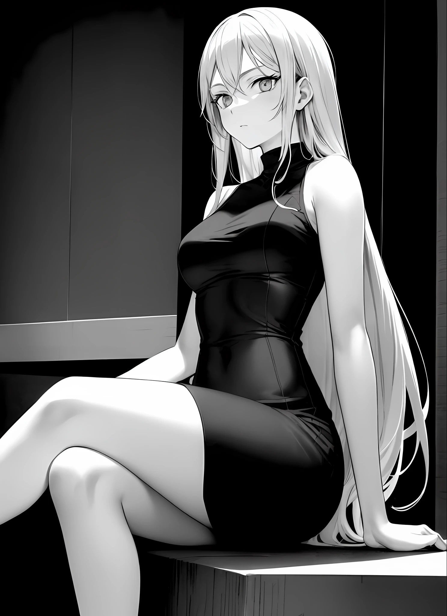 boichi manga style, 1girl, monochrome greyscale, solo, sitting, long hair, upper body, ((masterpiece))