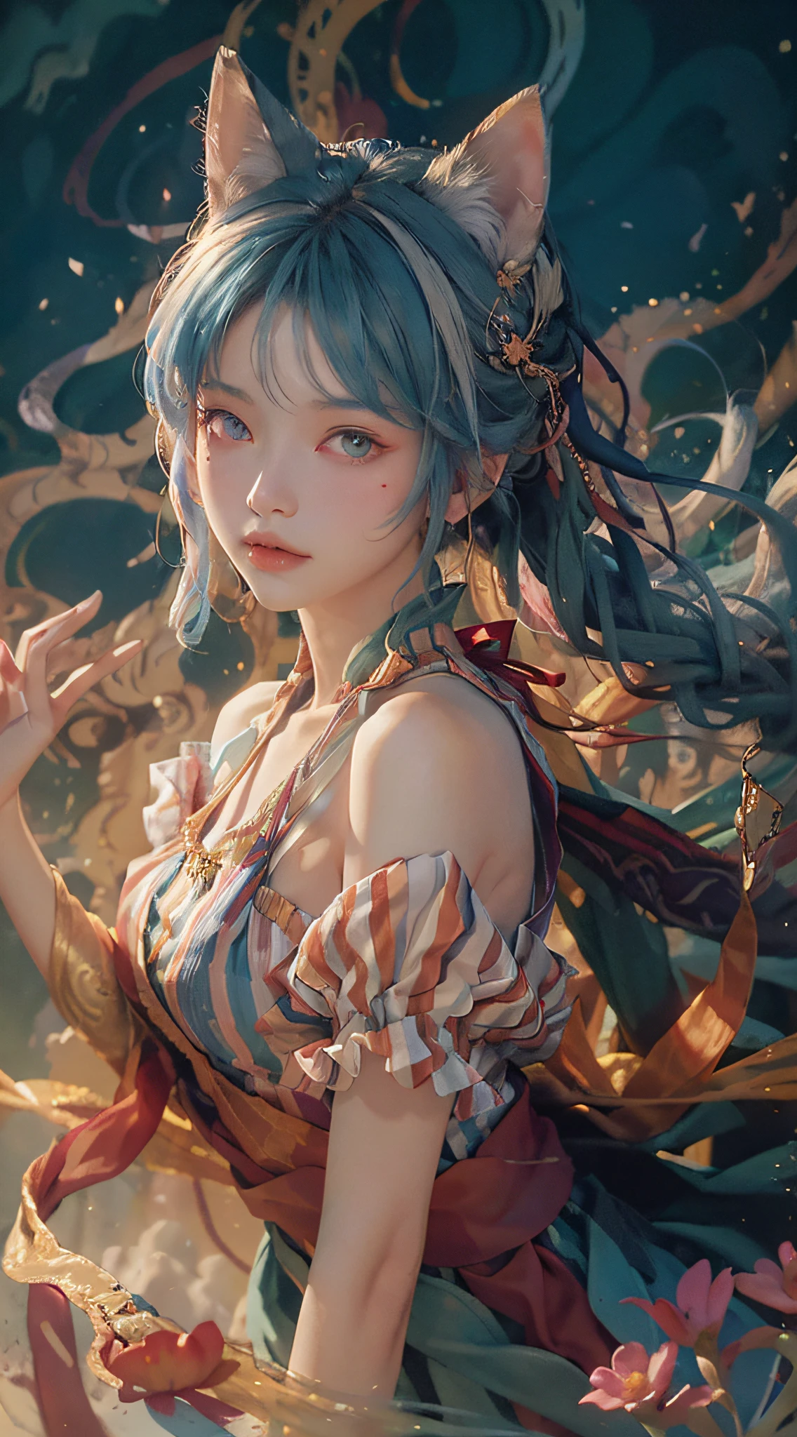 (((masterpiece))),((best quality))),((ultra-detailed)),(detailed anima face)))),((beautiful detailed face)),((colored hair)),((striped hair)),(gradient eyes),(colored eyes)))),(white cloud background))),(high saturation)))),(surrounded by colored paint)))),(illustration), (dynamic angle), ((floating)), (paint), (( Loose hair)), (solo), (1girl), ultra-detailed, beautiful and aesthetic, masterpiece, best quality, most beautiful forms chaotic, elegant, fauvist design, bright colors, romanticism, michal mraz, adrian gainy, petra cottwright, atmospheric, ecstatic notes, flow notes visible, nine-tailed fox, cat ears, sea of flowers,