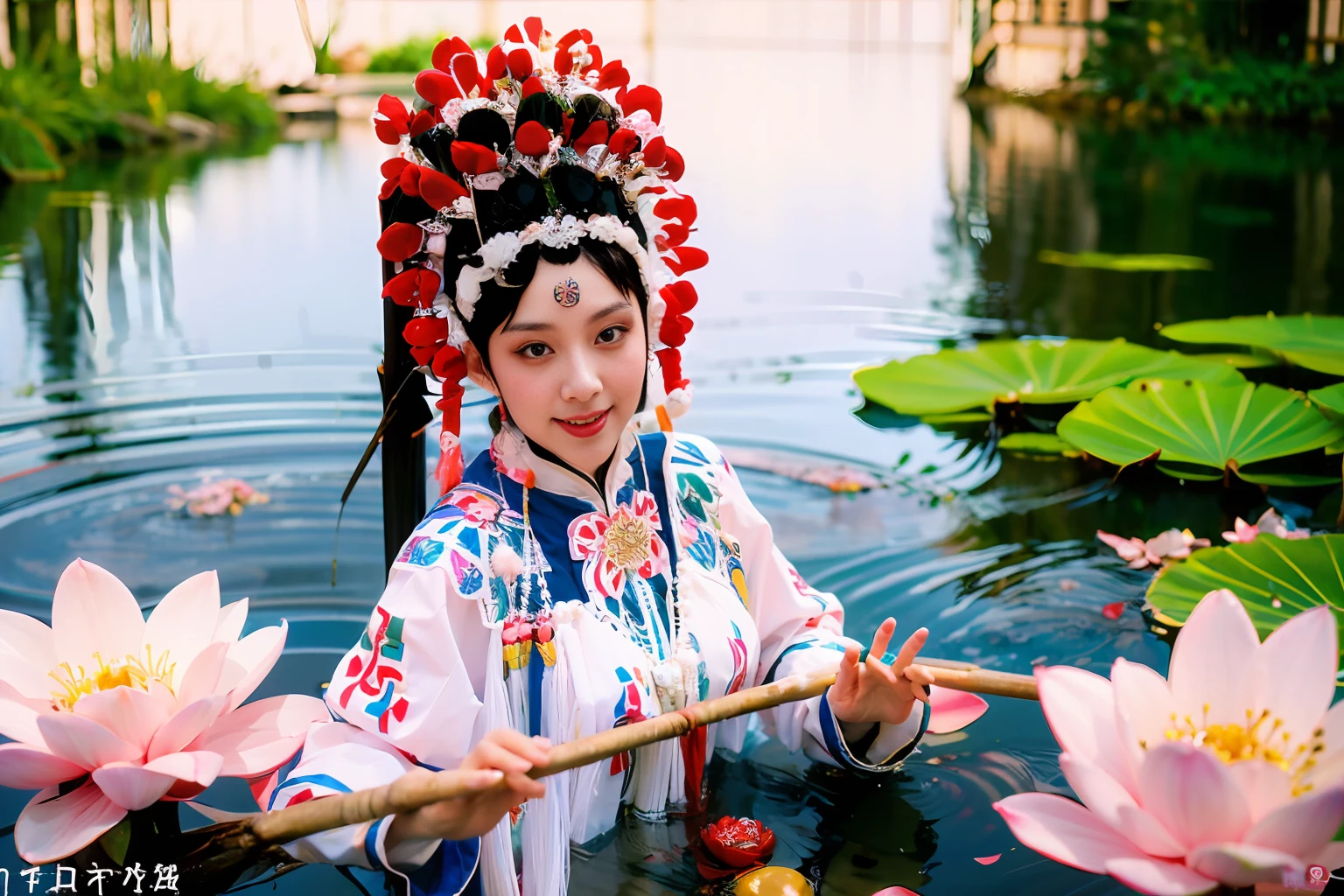 Close-up, a beauty in Chinese Peking Opera costume floating on a lotus pond, 16k, best quality, bokeh, soft light, space, crystal clear, natural light, white mist, lotus leaves in the pond, super detail