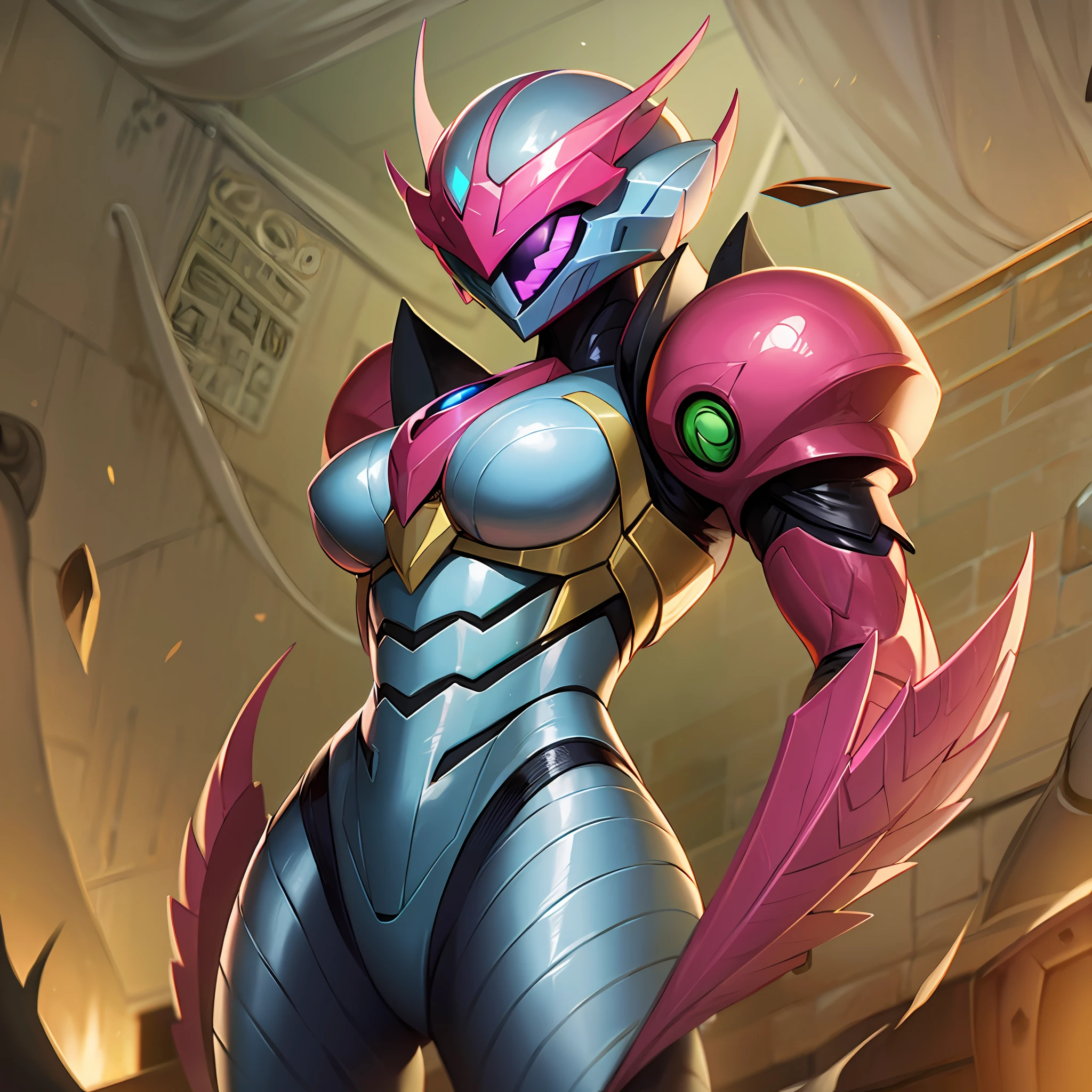 Hot insect shell woman, Guyver style, evil smile, scaraber reploid, bellows tail, cel shade adult animation, alien queen, metroid suit