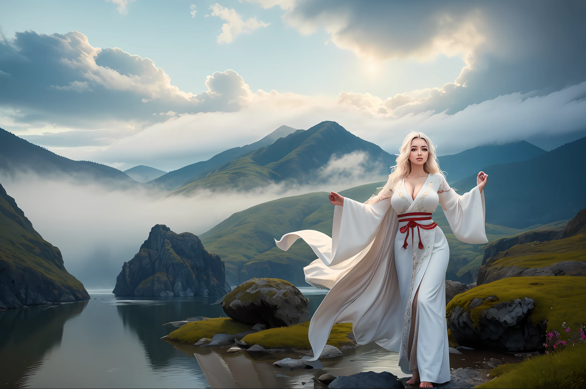 Beautiful and ethereal vixen dressed in flowing white Chinese robes. The image captures the fox spirit standing gracefully on the water, surrounded by white clouds and mist, adding an otherworldly touch to the scene. The fox demon's long white hair and robes are blown up by the wind, adding movement and fluidity to the picture. Use Midjourney's advanced brush tools to create complex folds and textures on vixen's robes and hair and huge breasts, and experiment with different color palettes and strokes to bring out the ethereal quality of your scene. The image of the vixen is sometimes obscured by the surrounding mist, which adds to the beauty of the vixen, making the scene full of mystery and fascination. With Midjourney's powerful tools, you can bring this captivating and ethereal scene to life with incredible detail and beauty. HDR, (Realism, Masterpiece Quality, Best Quality), pureerosface_v1, Ulzzang-6500-V1.1