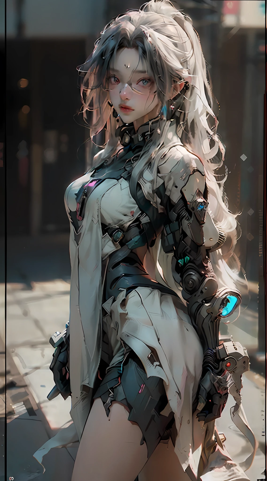 (Best Quality), ((Masterpiece), (Detail: 1.4), 3D, A Beautiful Cyberpunk Woman, HDR (High Dynamic Range), Ray Tracing, NVIDIA RTX, Super-Resolution, Unreal 5, Subsurface Scattering, PBR Textures, Post-Processing, Anisotropic Filtering, Depth of Field, Maximum Sharpness and Clarity, Multi-layer Textures, Albedo and Highlight Maps, Surface Shading, Accurate simulation of light-material interactions, perfect proportions, Octane Render, two-color light, large aperture, low ISO, white balance, rule of thirds, 8K RAW, standing,
