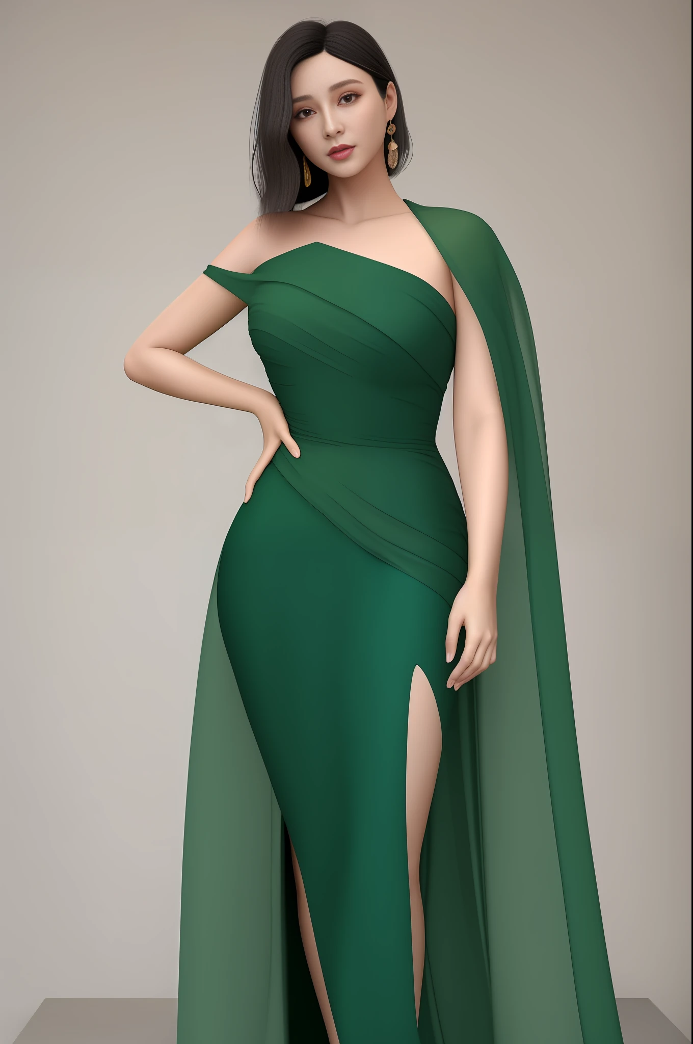 Long green silk algae draped over the shoulders, bright face, three-dimensional facial features, a pair of watery peach blossom eyes looking forward to shining, under the professional suit, the mature body is bumpy and convex, a coffee-colored dress outlines the curve of the hips, delicate white calves, slender ankles, black high heels.