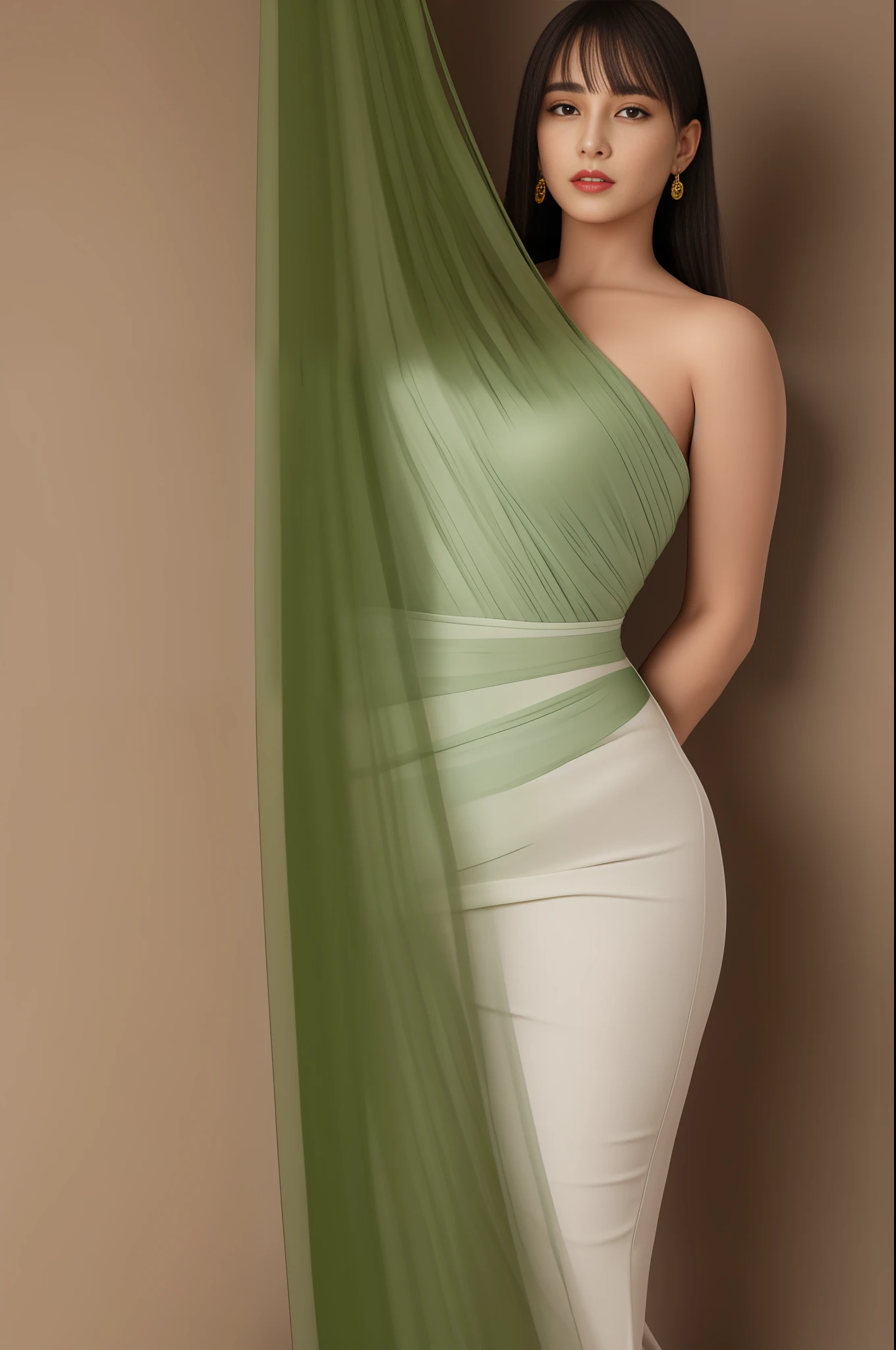 Long green silk algae draped over the shoulders, bright face, three-dimensional facial features, a pair of watery peach blossom eyes looking forward to shining, under the professional suit, the mature body is bumpy and convex, a coffee-colored dress outlines the curve of the hips, delicate white calves, slender ankles, black high heels.