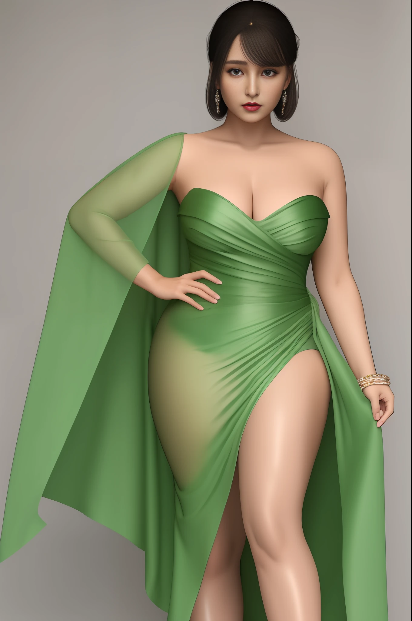 Long green silk algae draped over the shoulders, bright face, three-dimensional facial features, a pair of watery peach blossom eyes looking forward to shining, under the professional suit, the mature body is bumpy and convex, a coffee-colored dress outlines the curve of the hips, delicate white calves, slender ankles, black high heels.