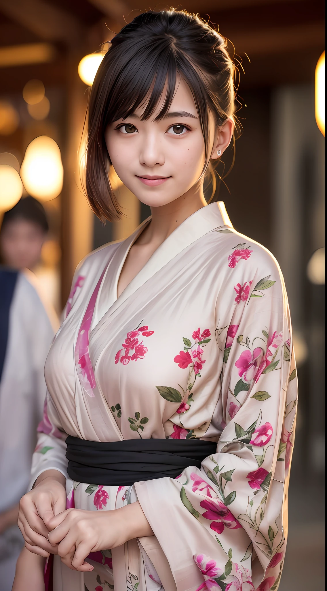 (8k, RAW photos, best quality, high resolution: 1.1), (ultra-realistic: 1.4), (realistic, photorealistic: 1.3), soft light, girl, 16 years old, Japan person, realistic face, realistic body, realistic skin, , absurdity, masterpiece, (cute: 1.8), cuties, solo, (yukata: 1.2), detailed black eyes, innocent eyes, cheeks, (very shorthair: 1.2), Cinema Light, Film Grain, ((Big: 1.1)), Cherry Colored Lips, Close-up, Look Viewer, Upper Body, Open Lips, Upper Teeth, (Smiling Eyes: 0.6), ((grinning: 1.2)), Depth of Field, Blurred Background, Eye Focus, Bokeh, Japan Summer Festival, Shrine, 85mm Lens, f/1.4, Professional Lighting, Young, Portrait, Photon Mapping, Radiosity, Physically Based Rendering