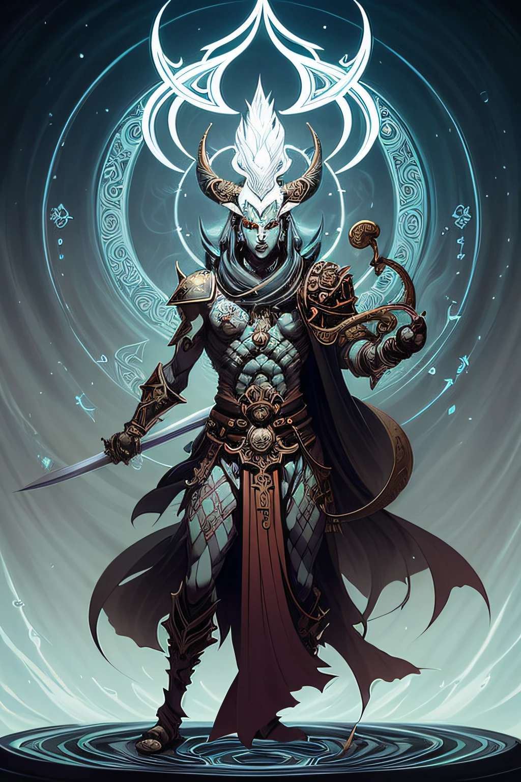 Hades holding a two handed big blade, (Masterpiece, Best quality, High resolution: 1.4), Detailed, Intricate details, 4K, color splashes, line art, art, fibonacci,