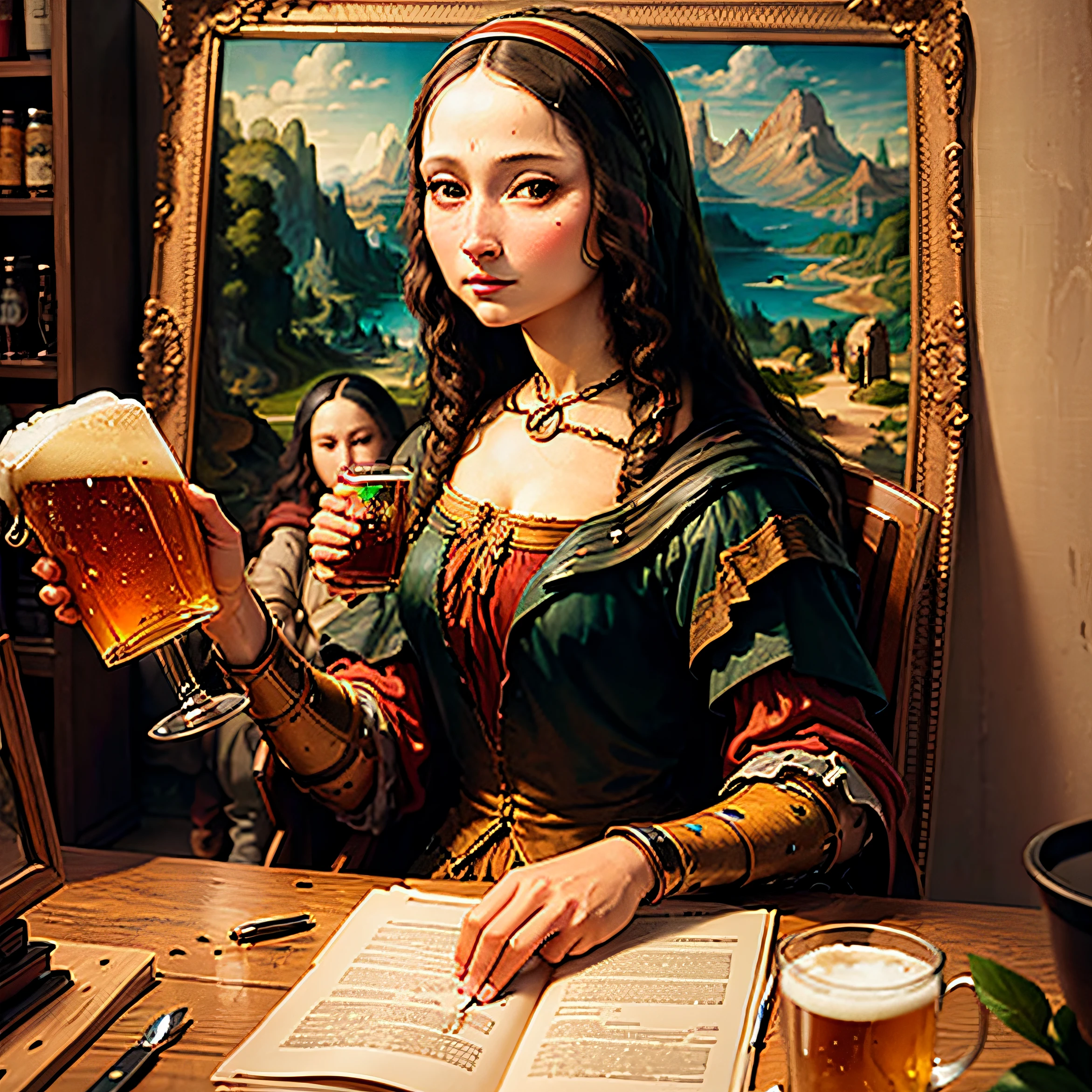 picture of the Mona lisa drinking beer --auto